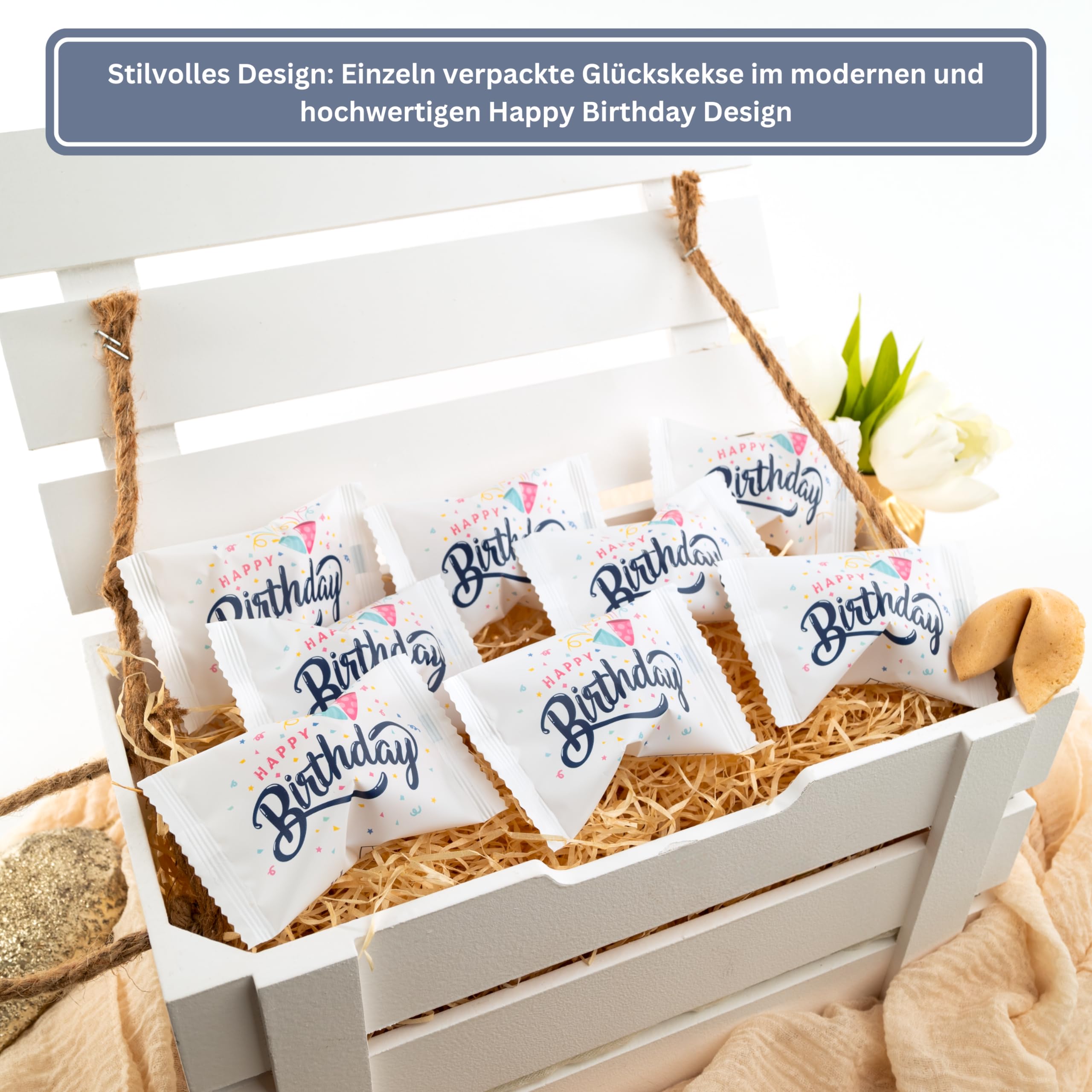 Lucky Treats Glückskekse - 25 Stück - Schön, dass du da bist - Gastgeschenke Hochzeit Deko - Sprüche auf Deutsch & Englisch - regional hergestellt