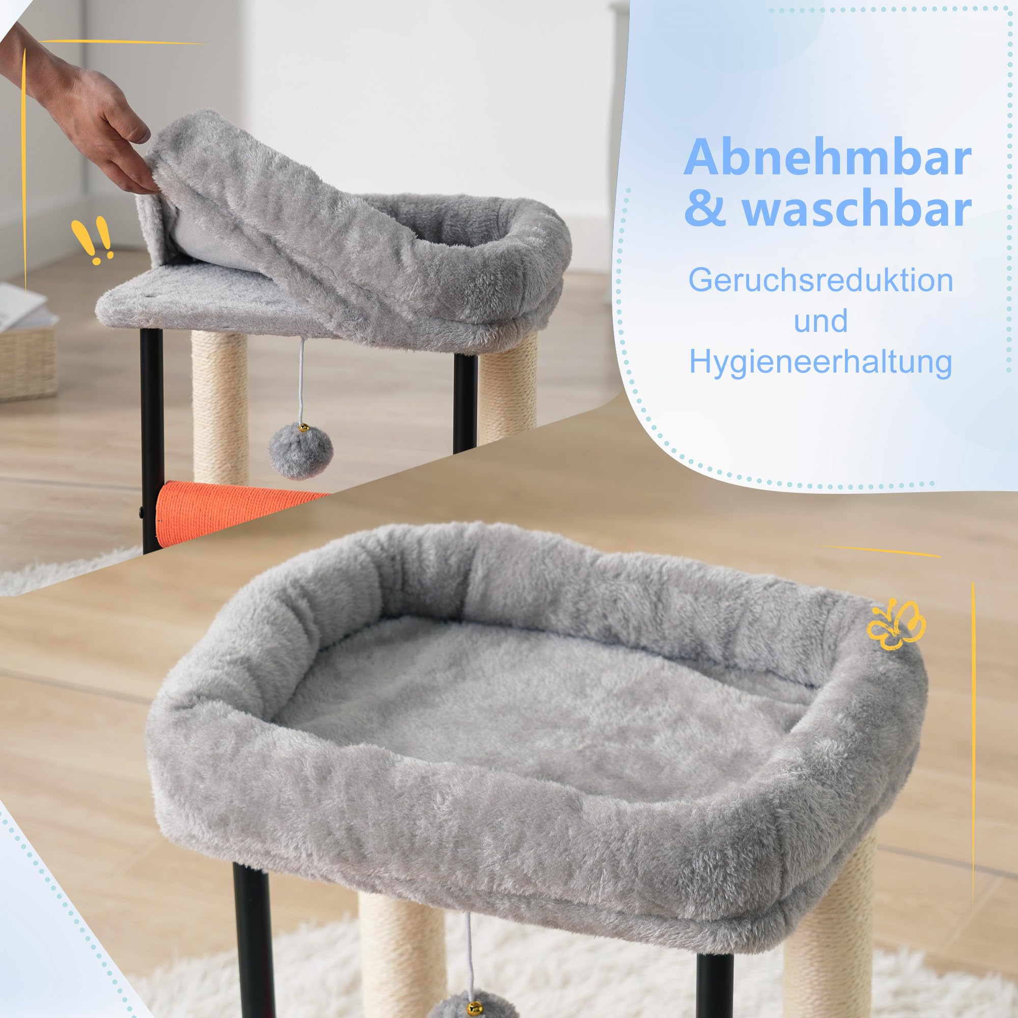 Hey-brother Kratzbaum, 50 cm klein Katzenbaum für Kätzchen, Kratzpfosten mit drehbarer Sisalsäule, geräumiger Plüschplattform, Vollständig sisalumwickelte Säule und Spielbällen, Hellgrau EMPJ010SW