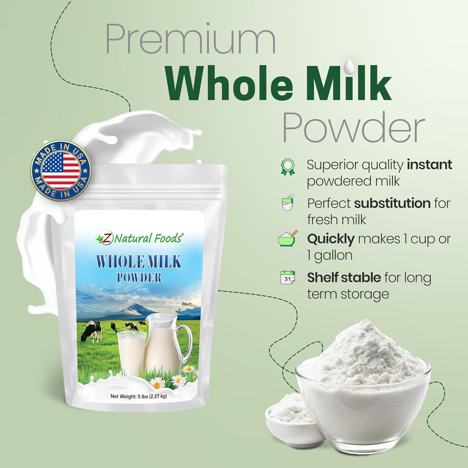 Z Natural Foods Premium Whole Milk Powder - Powdered Milk for Baking, Cooking, Drinks - Dry Milk Powder, Pasteurized, Non-GMO, Gluten-Free, Kosher-Certified, 5 lbs
