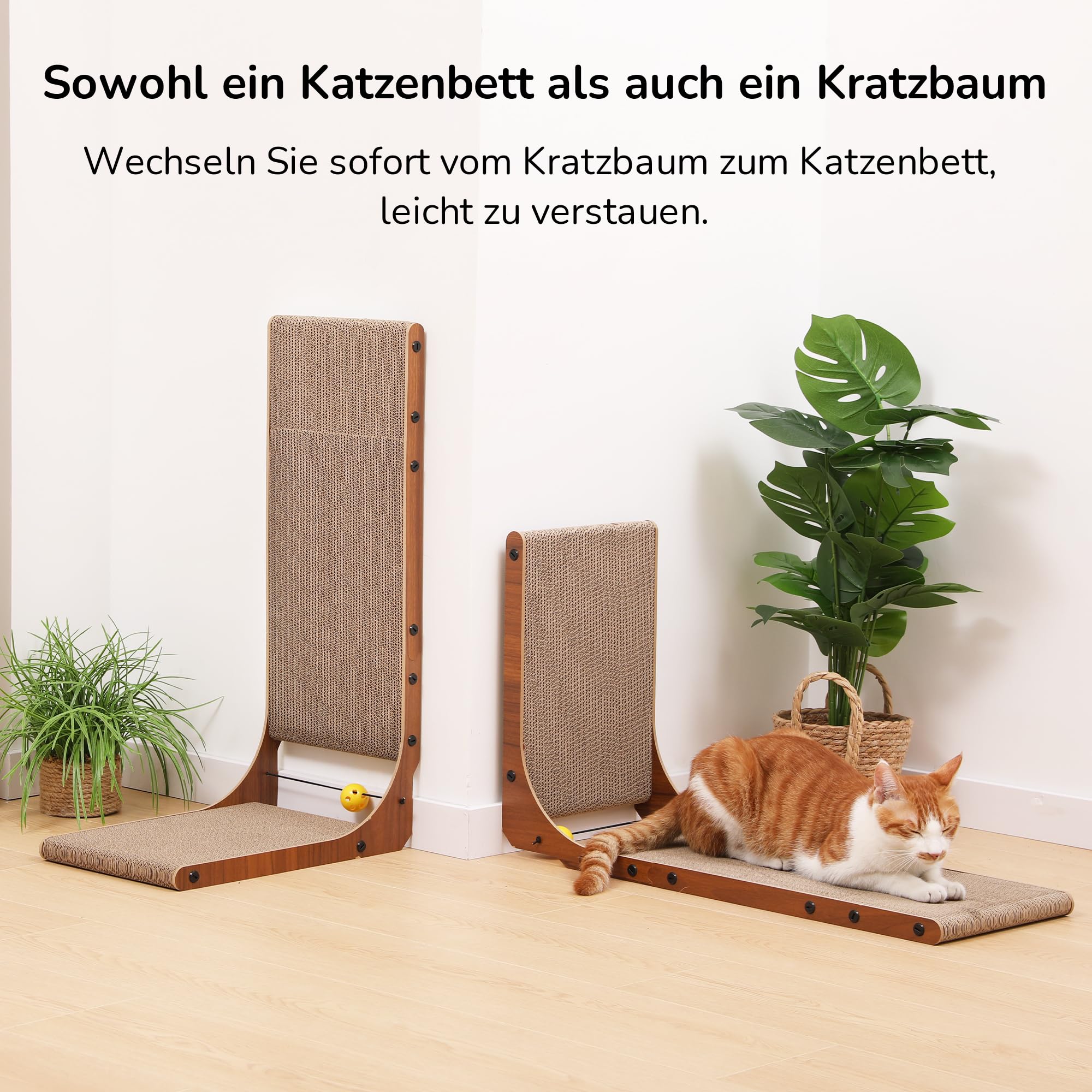 FUKUMARU Kratzbrett Katzen, 68 cm hohe L förmige Kratzpappe für Katzen, widerstandsfähig Katzenkratzbrett mit Ballspielzeug, Kratzmöbel aus hochwertiger Karton für Wand und Ecke, Groß