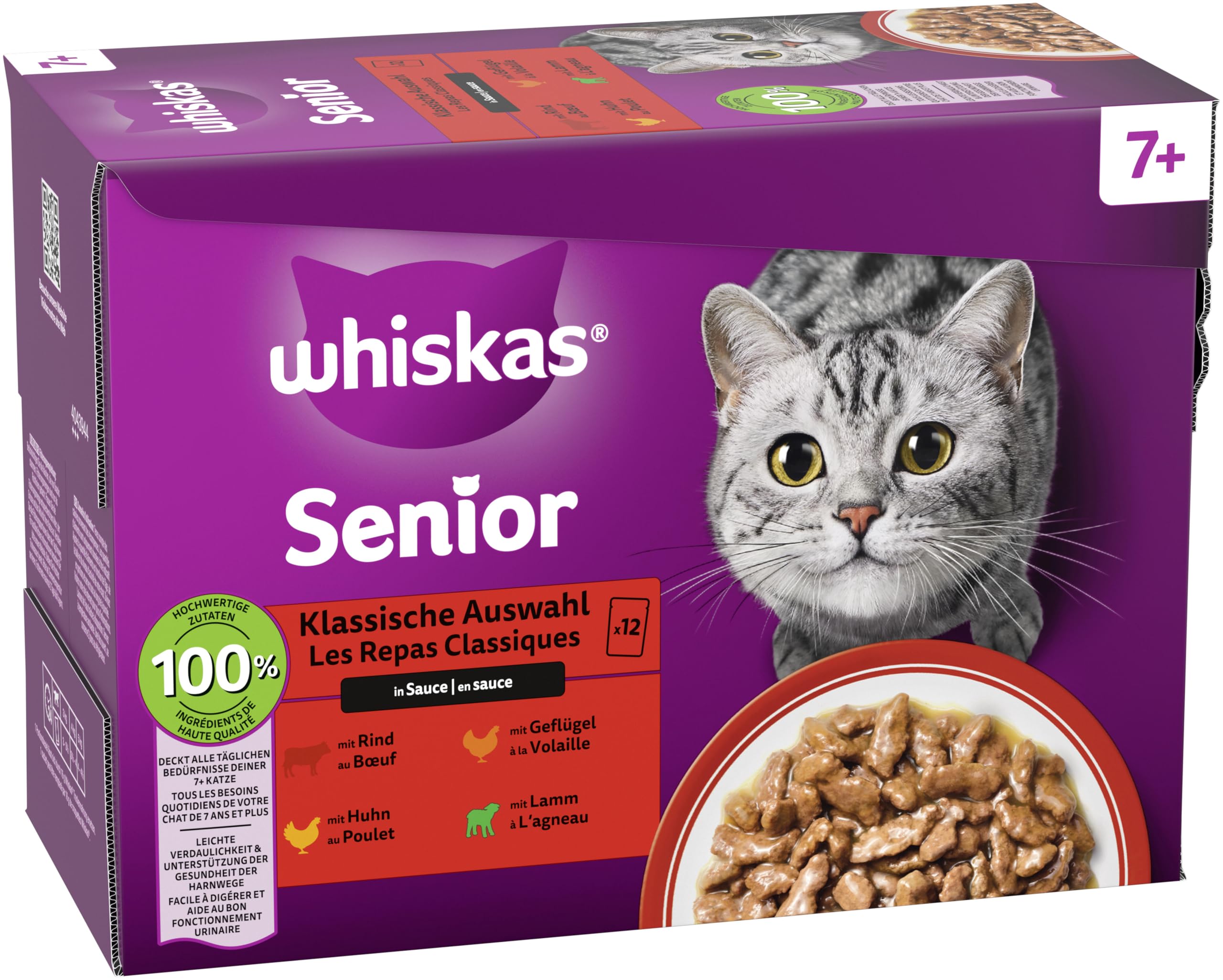 Whiskas Senior 7+ Katzennassfutter Gemischte Auswahl in Sauce, 48 Portionsbeutel, 12x85g (4er Pack) – Hochwertiges Katzenfutter nass, für Katzen ab 7 Jahren und älter