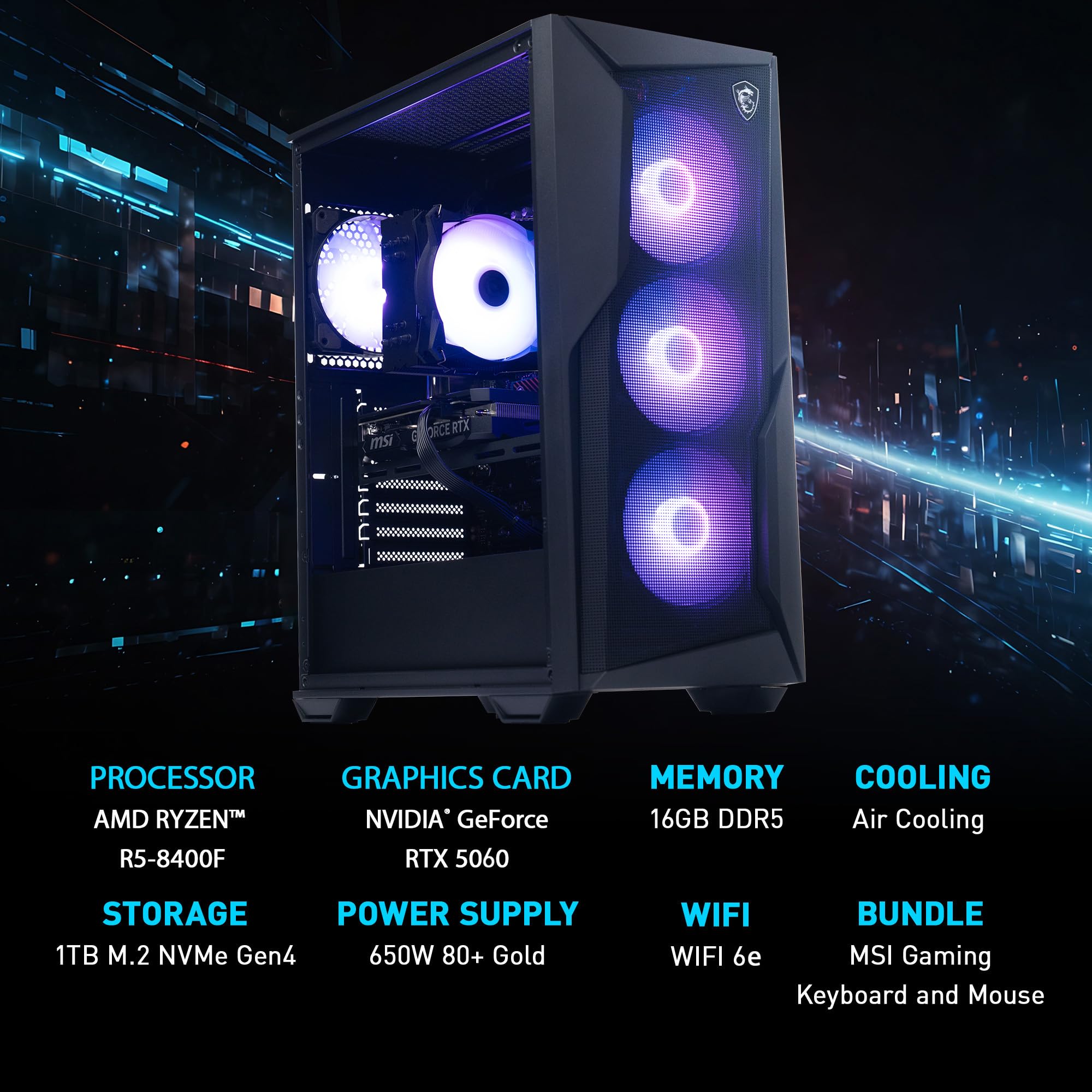 msi Codex Z2 Gaming Desktop: AMD R7-8700F, GeForce RTX 5070, 32GB DDR5, 2TB m.2 NVMe SSD, USB Type-C, VR-Ready, Windows 11 Home : A8NVP-436US
