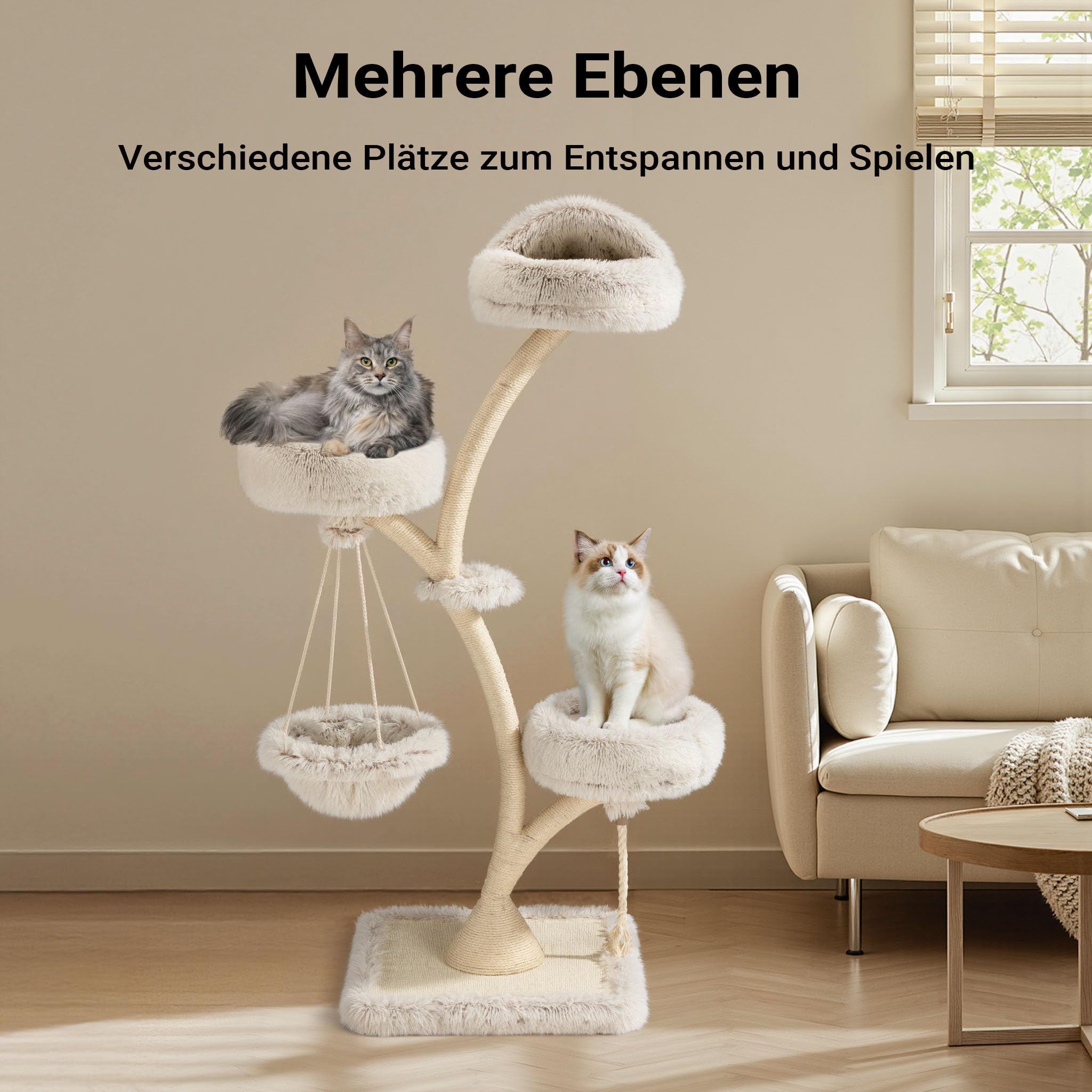 Fudajo Designer Kratzbaum mit Hängeliege, Katzenkratzbaum 59 x 59 x 169 cm, Katzenbaum bis max. 15 kg mit Sisal und Plüsch, Katzenmöbel mit 3 Etagen