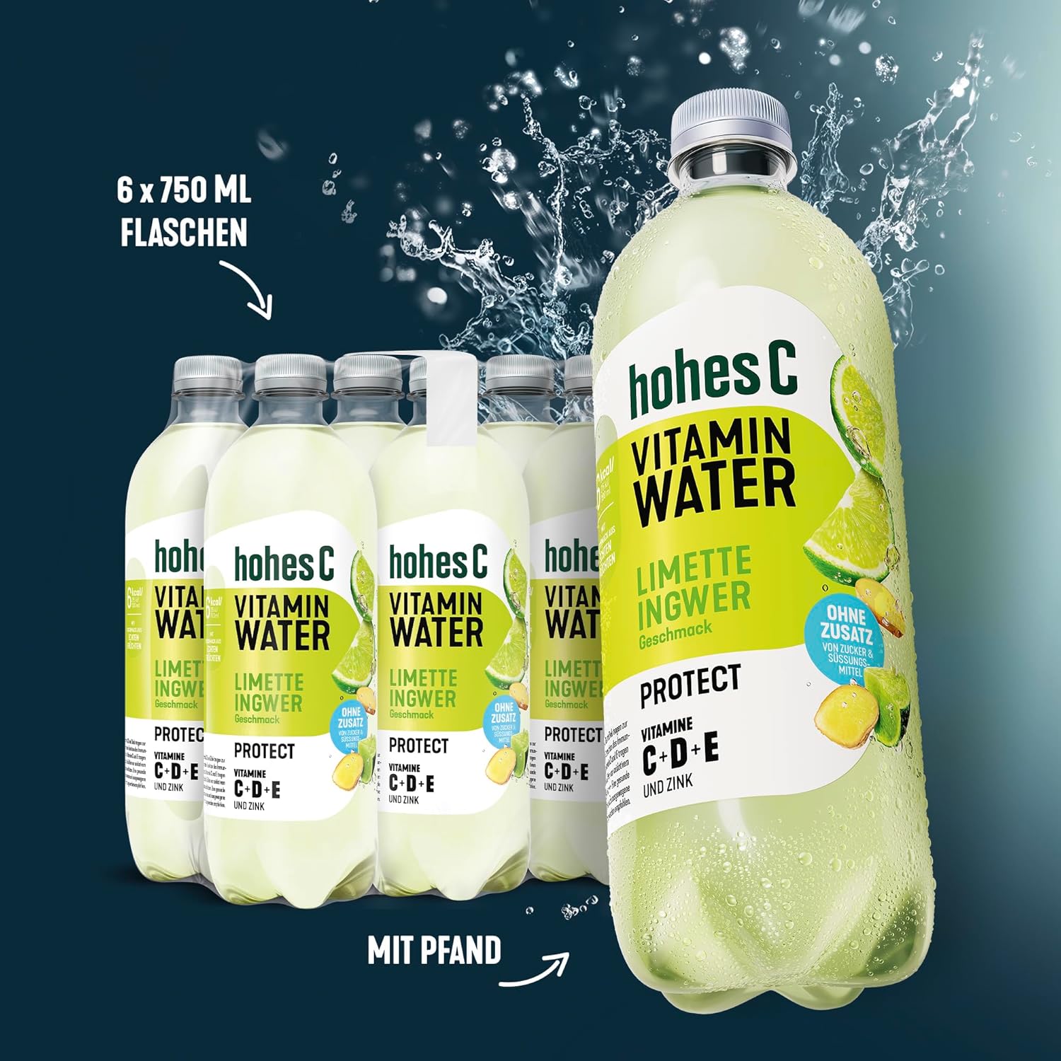 hohes C Vitamin Water Protect Limette & Ingwer (6 x 750ml), für dein Immunsystem: Vitamin C, D, E + Zink, gegen oxidativen Stress, nur 6kcal/100ml, ohne Zuckerzusatz & Süßungsmittel, vegan