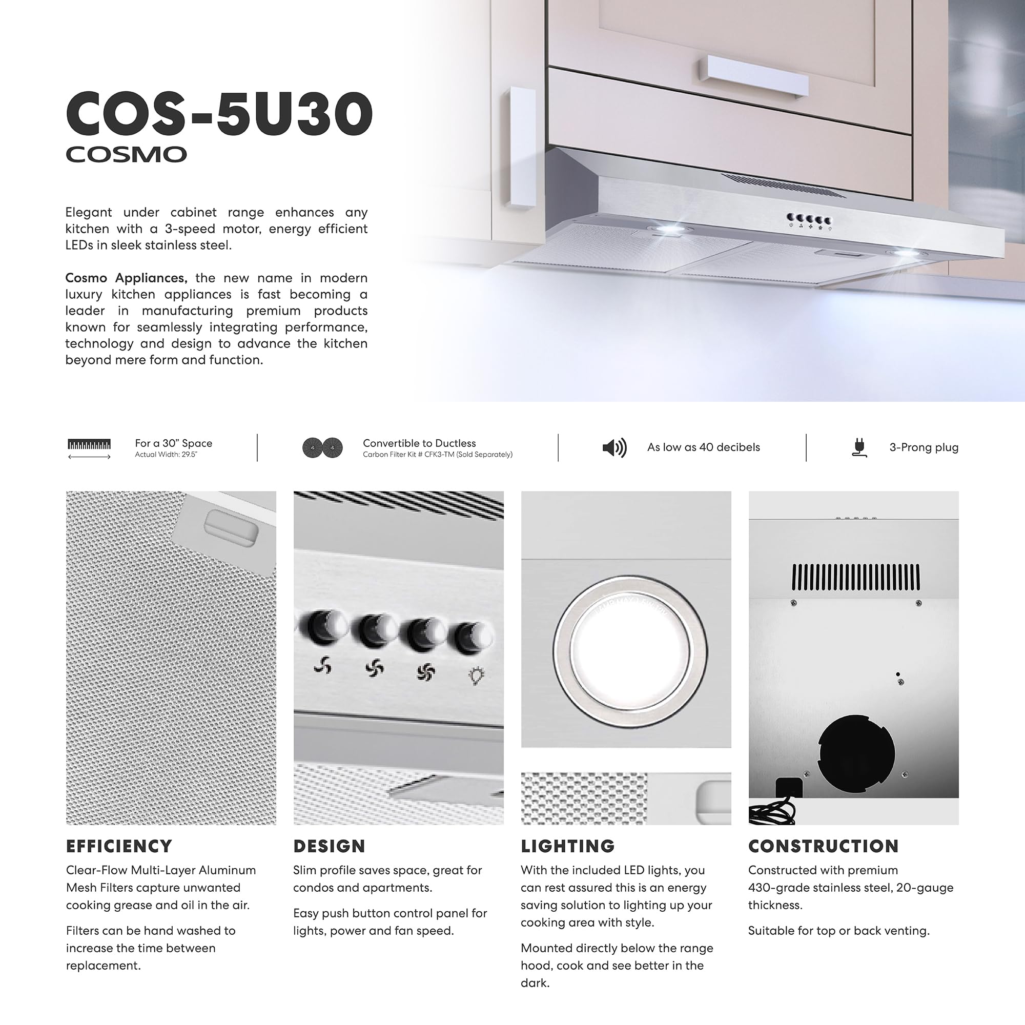 COSMO COS-5MU30 30 in. Delta Collection Ducted Under Cabinet Range Hood, Button Controls, Reusable Filters, LED Lights, Stainless Steel