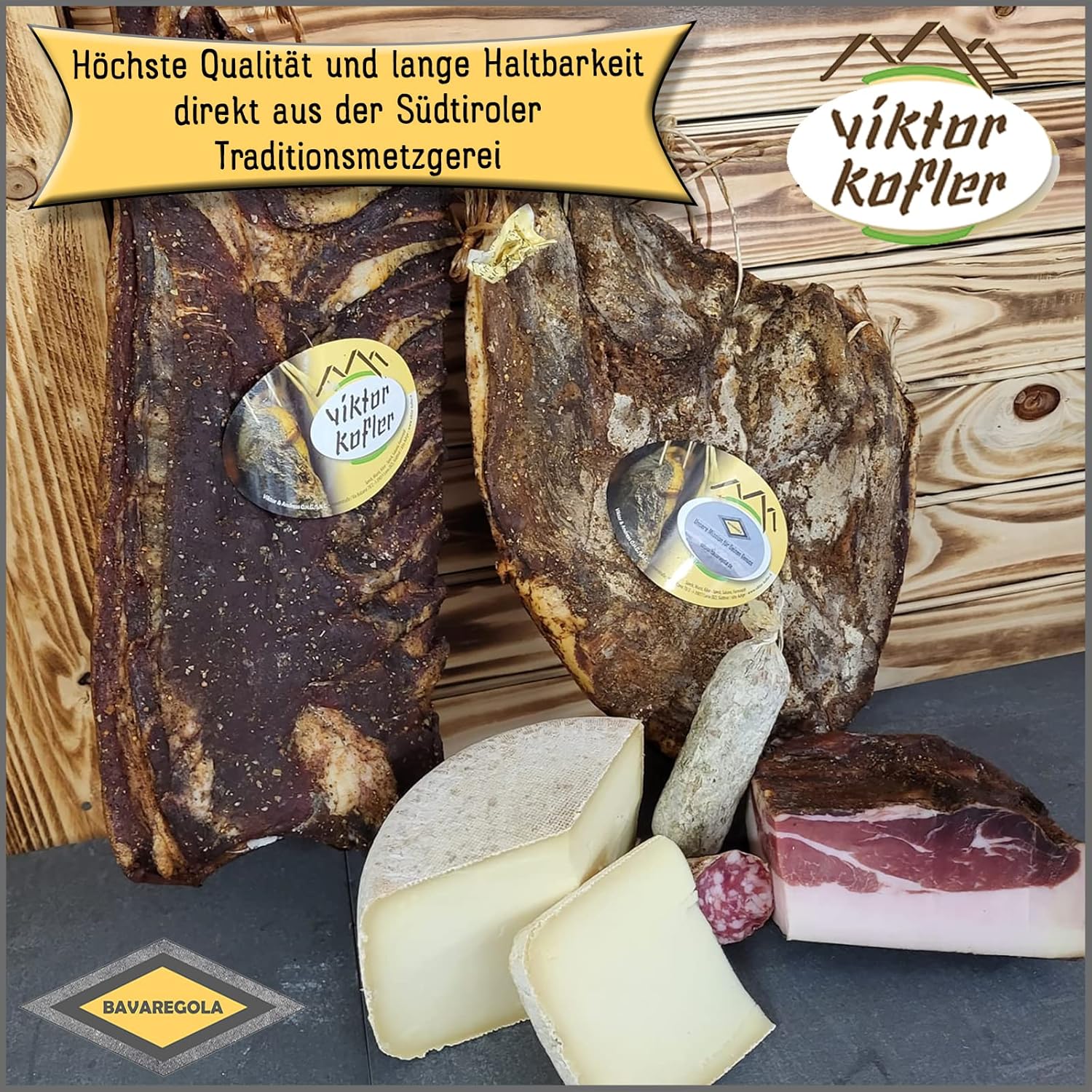 BAVAREGOLA Südtirol Geschenkekiste mit 7 Südtiroler Spezialitäten - Präsentkorb gefüllt mit Speck, Käse, Salami - Genuss Geschenk für Männer & Frauen