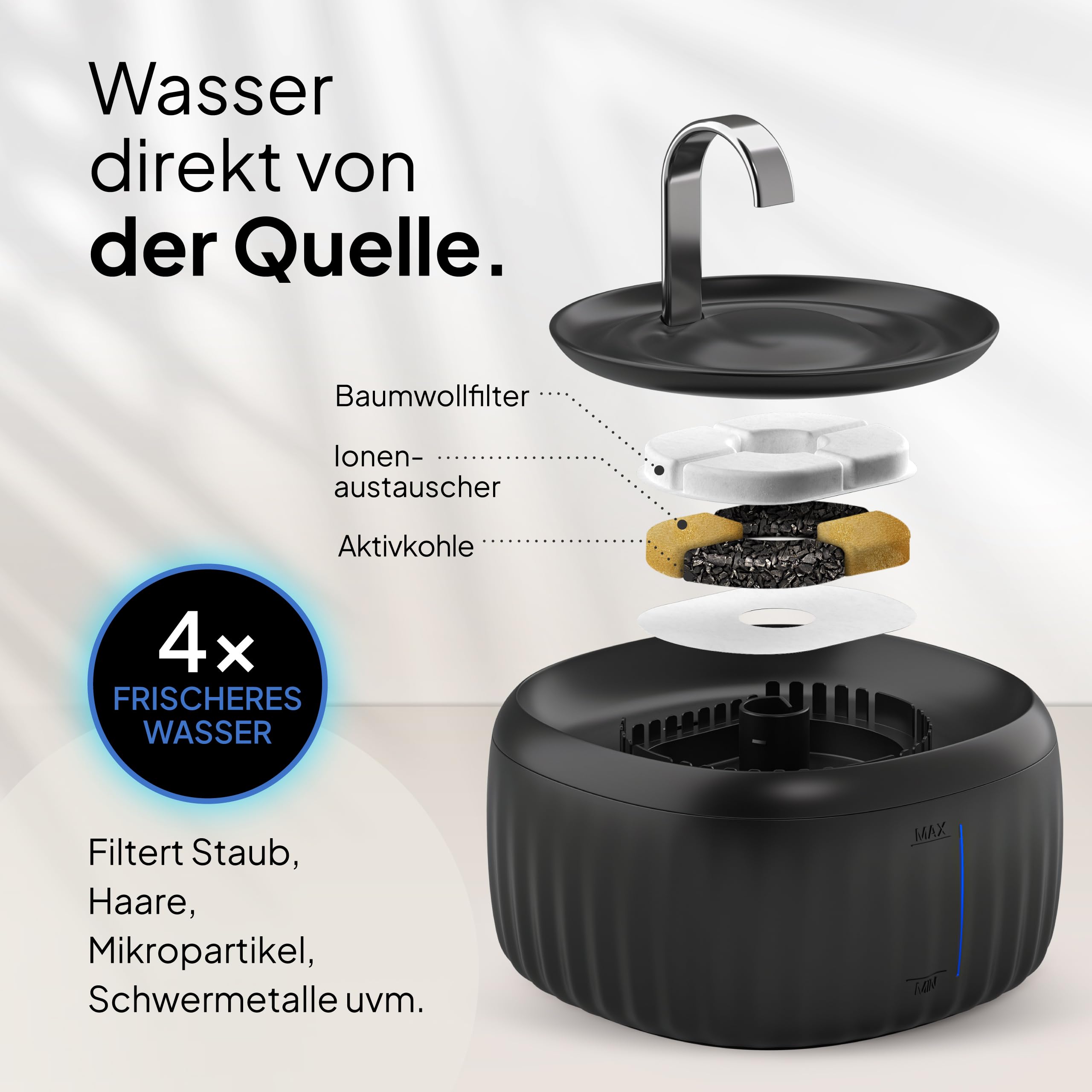 PrettyPaw Katzenbrunnen - Super leiser, BPA-freier 3L Trinkbrunnen für Katze mit LED und Aktivkohlefilter - Leicht zu reinigender Katzen Trinkbrunnen - Aqua Flow (Schwarz)
