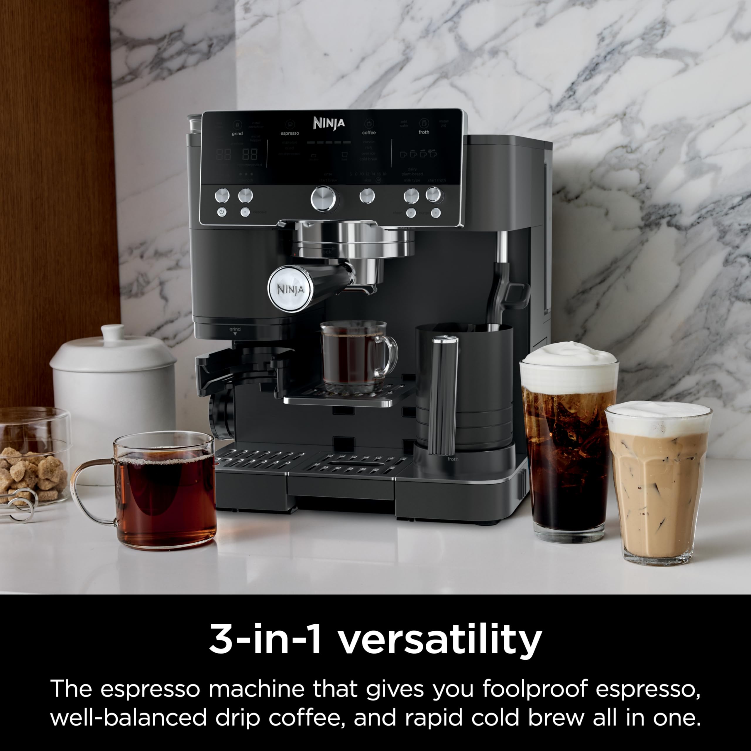 Ninja Luxe Café Premier 3-in-1 Espresso Machine, Drip Coffee, & Rapid Cold Brew | Built-in Coffee Grinder, Hands-Free Milk Frother, Assisted Tamper for Cappuccinos & Lattes | Stainless Steel | ES601
