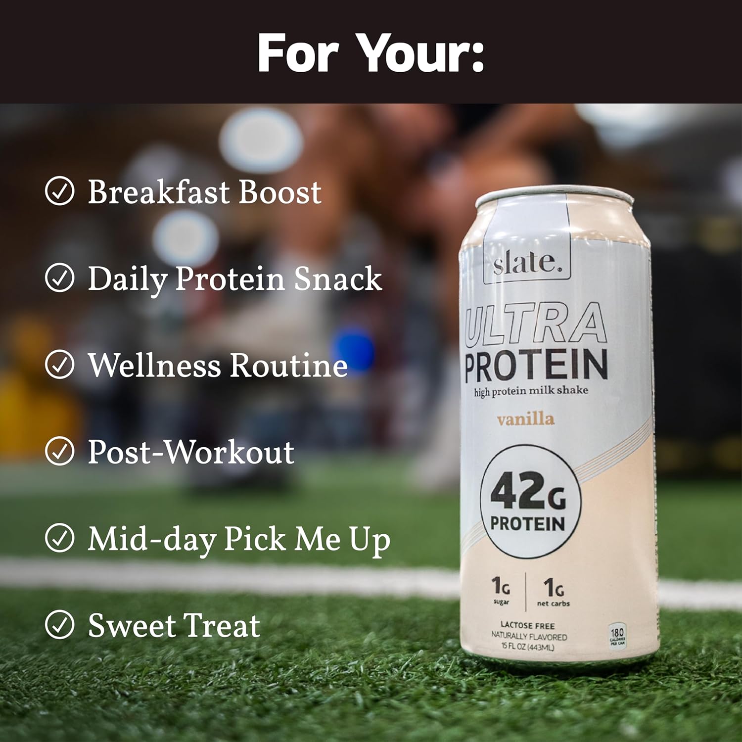 Slate Milk - Ultra Protein Shake - Vanilla - 42g Protein, 1g Sugar, 180 Calories, 1g Net Carbs - Lactose Free, No Added Sugar - Made with Ultra Filtered Milk - Breakfast Boost, Post Workout - 15 fl oz, 12 Cans