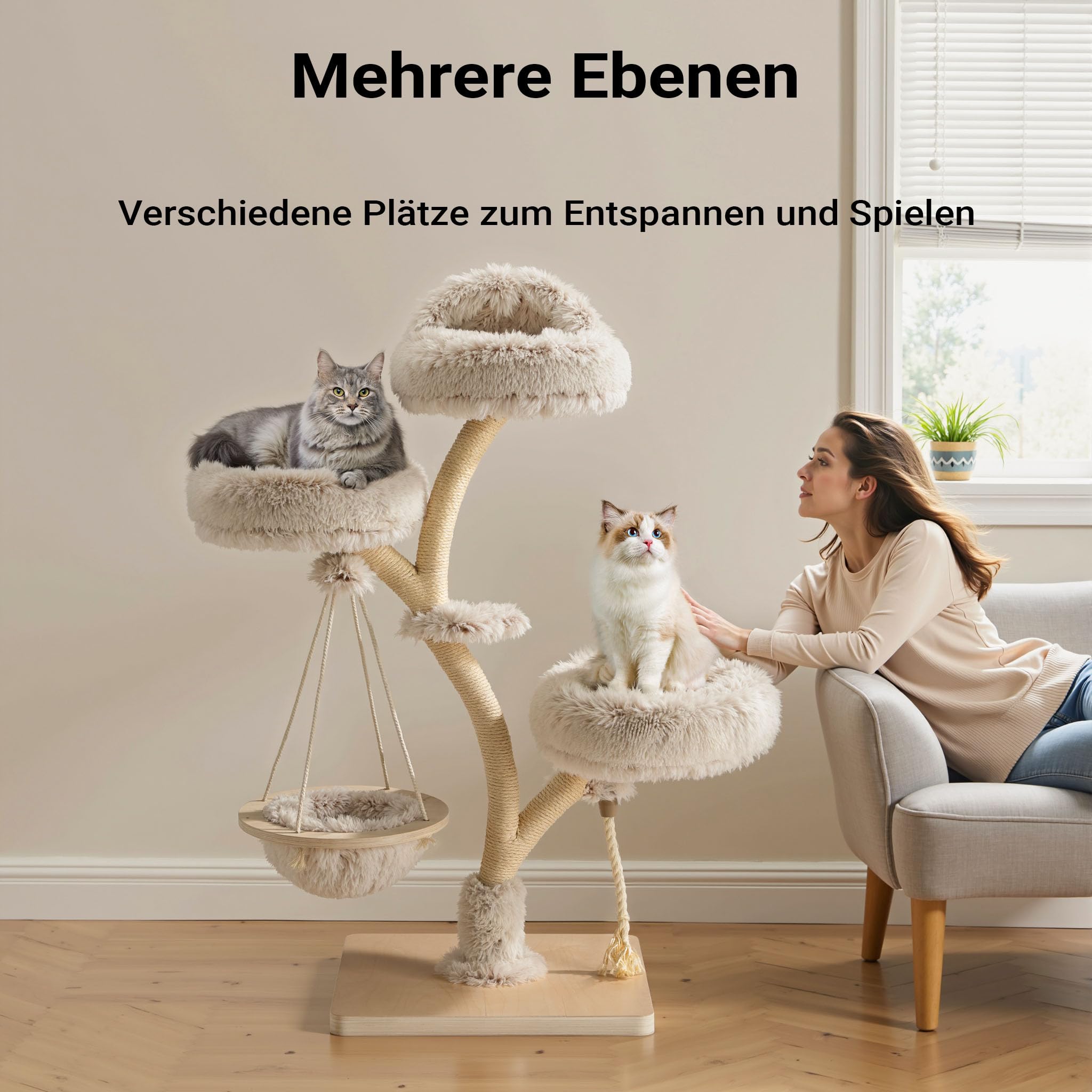 Fudajo Designer Kratzbaum mit Hängeliege, Katzenkratzbaum 59 x 59 x 169 cm, Katzenbaum bis max. 15 kg mit Sisal und Plüsch, Katzenmöbel mit 3 Etagen