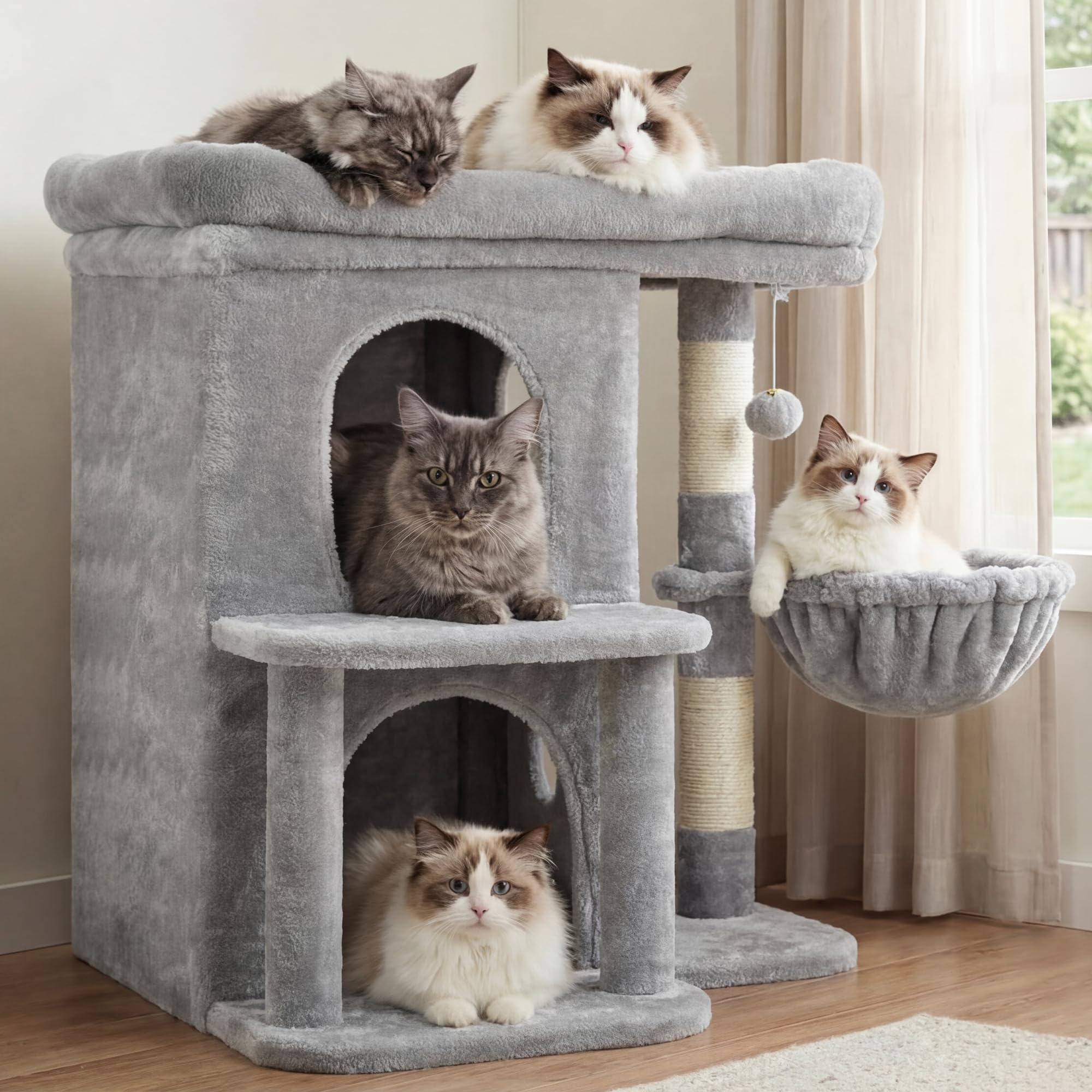 Heybly Kratzbaum, 65 cm Hoher Katzenbaum mit Extra-Großer Plattform, Gestuftes Katzenmöbel mit Doppelhaus, Inklusive Sisal-Kratzsäule, Katzenkorb und Spielzeug für Katzen, Hellgrau HCT204SW