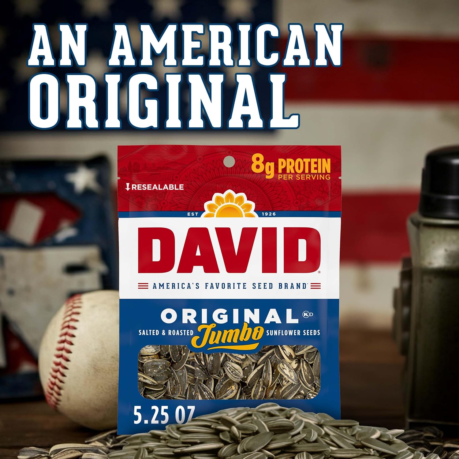 DAVID SEEDS Roasted and Salted Original Jumbo Sunflower Seeds, Keto Friendly, 5.25 Oz, 12 Pack