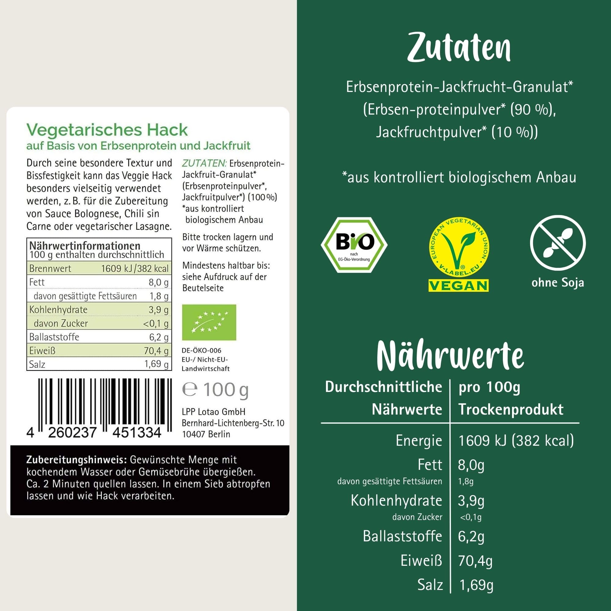 Lotao Veggie Hack – Bio, Vegan, Proteinreich – 1000g Hack auf Erbsenprotein-Basis mit Jackfruit – Perfekt für Bolognese, Burger, Braten & vieles mehr