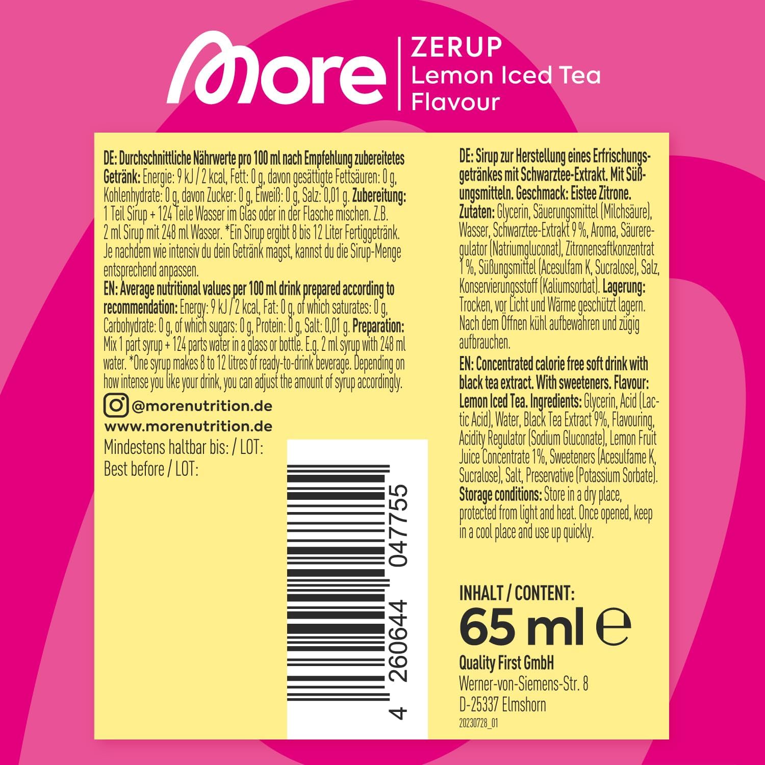 MORE Zerup, Peach Iced Tea, 65 ml, für bis zu 8 l Fertiggetränk, zuckerfreier Sirup mit u.a. echten Fruchtextrakten, vegan, zero Kalorien - made in Germany