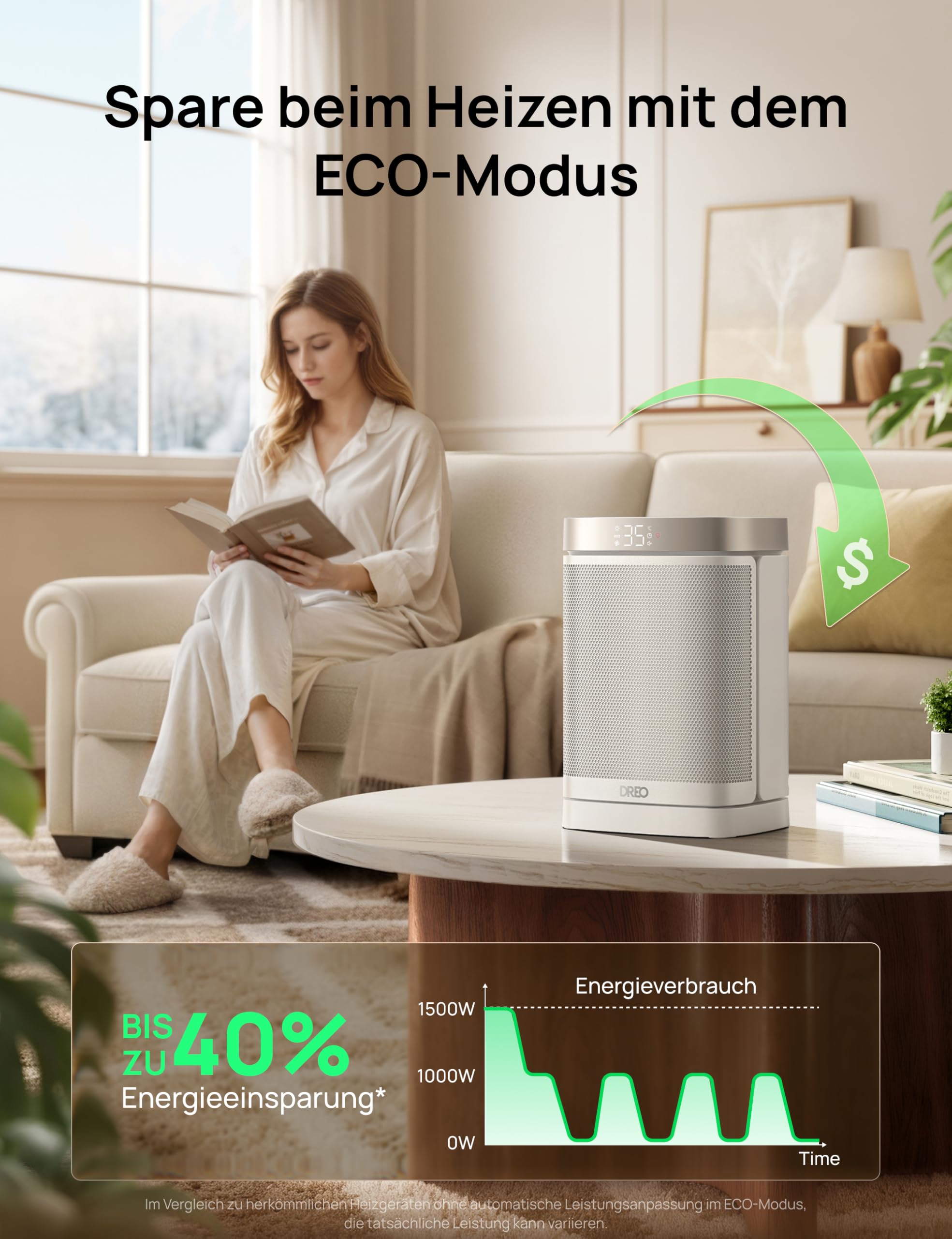 Dreo Heizlüfter Energiesparend Klein, 1500W Heizung Elektrisch mit Thermostat, 70° Oszillierend Elektroheizung, PTC Keramik Heizlüfter Leise, ECO-Modus, 12-Std-Timer, Überhitzungs- & Kippschutz