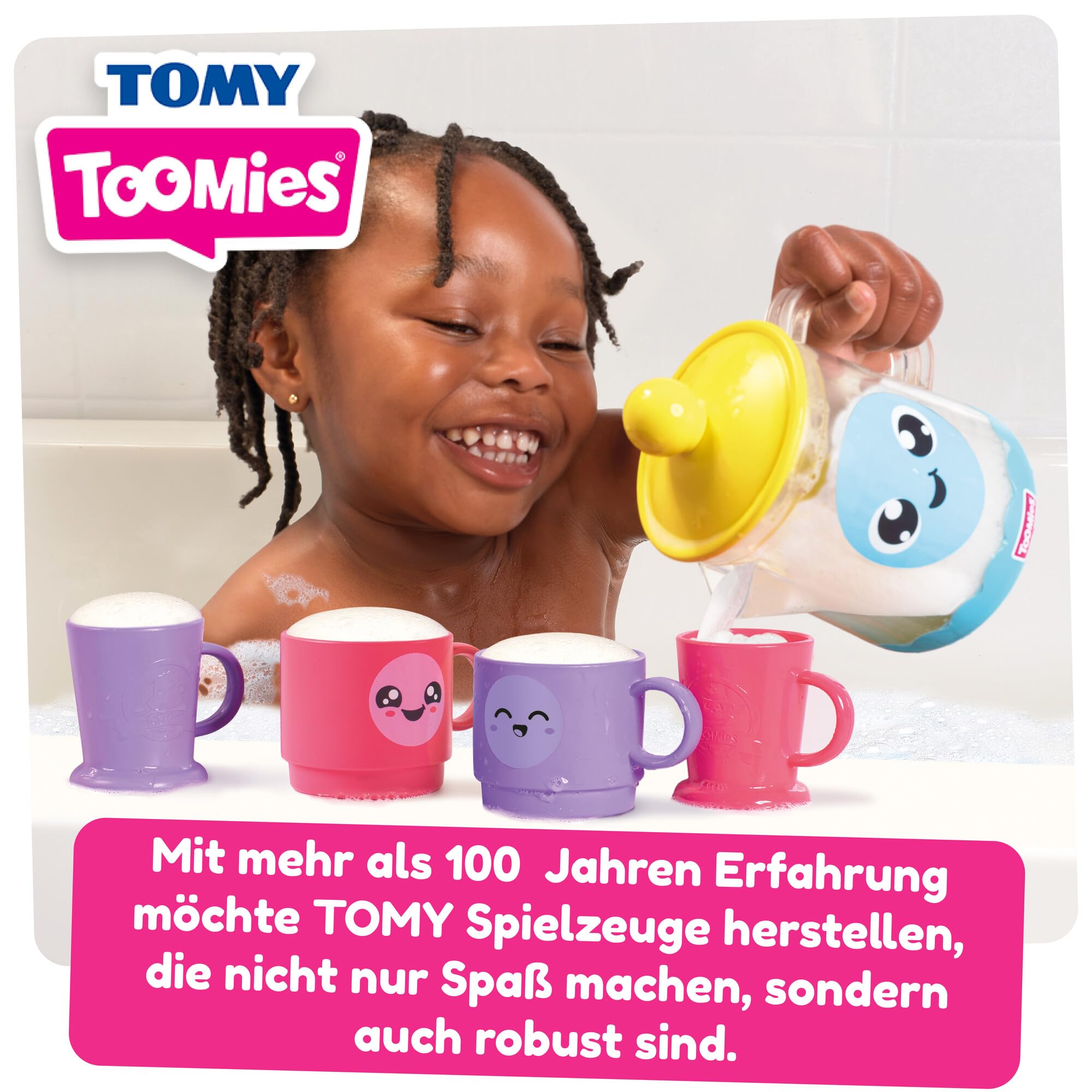 Tomy Toomies Bade-Barista, Wandmontiertes Baby-Badespielzeug als Café & Schaumbad-Spielküche für Kleinkinder - Küchen-Set: 3 Tassen, 1 Krug, 1 Shaker – ab 18 Monaten für Mädchen & Jungen
