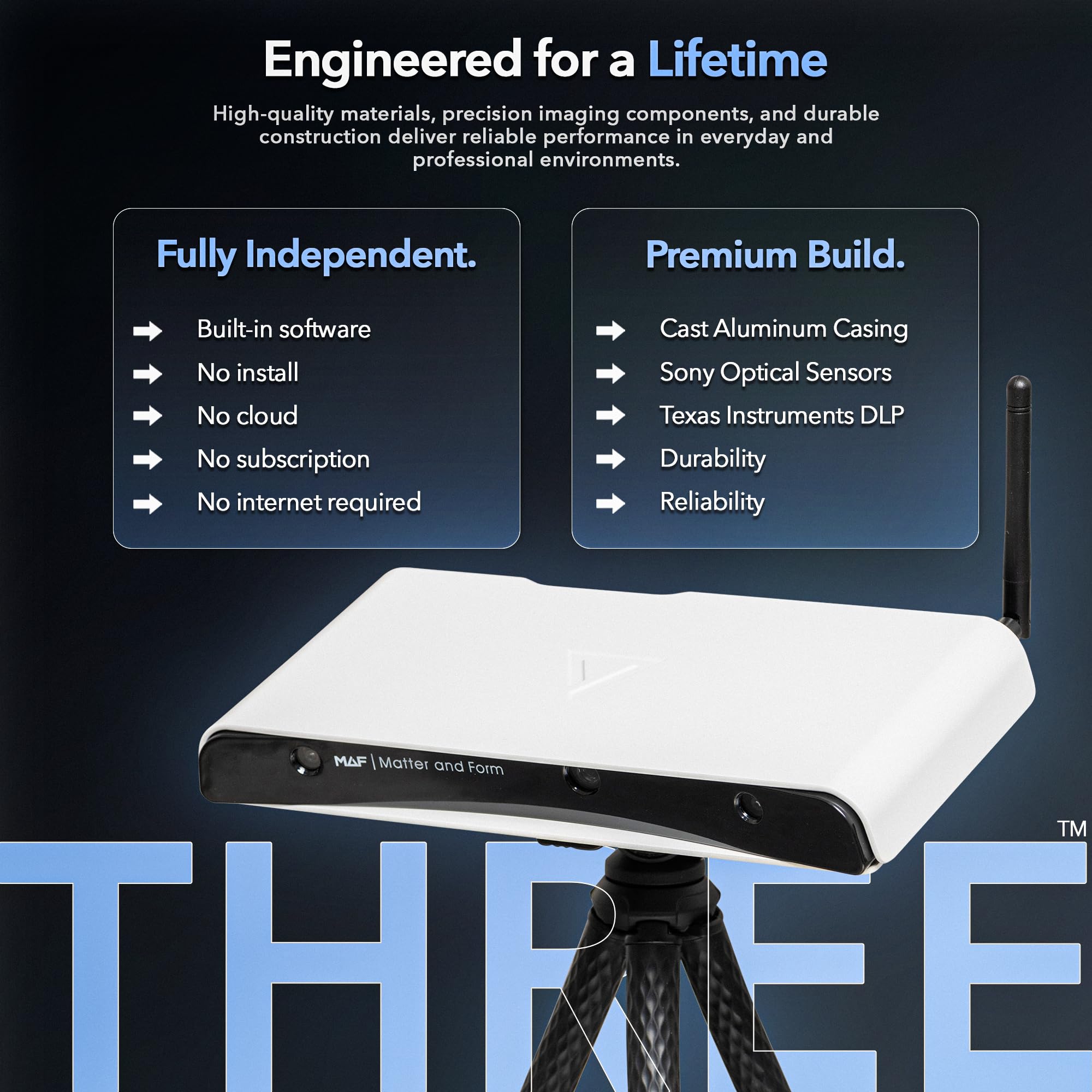 Matter and Form Three 3D Scanner – 33 Micron Accuracy, Autofocus 13MP Cameras, No Tracking Dots Needed, True-Life Color, Scan Jewelry to Car Engines, Compatible with Every Computer and OS