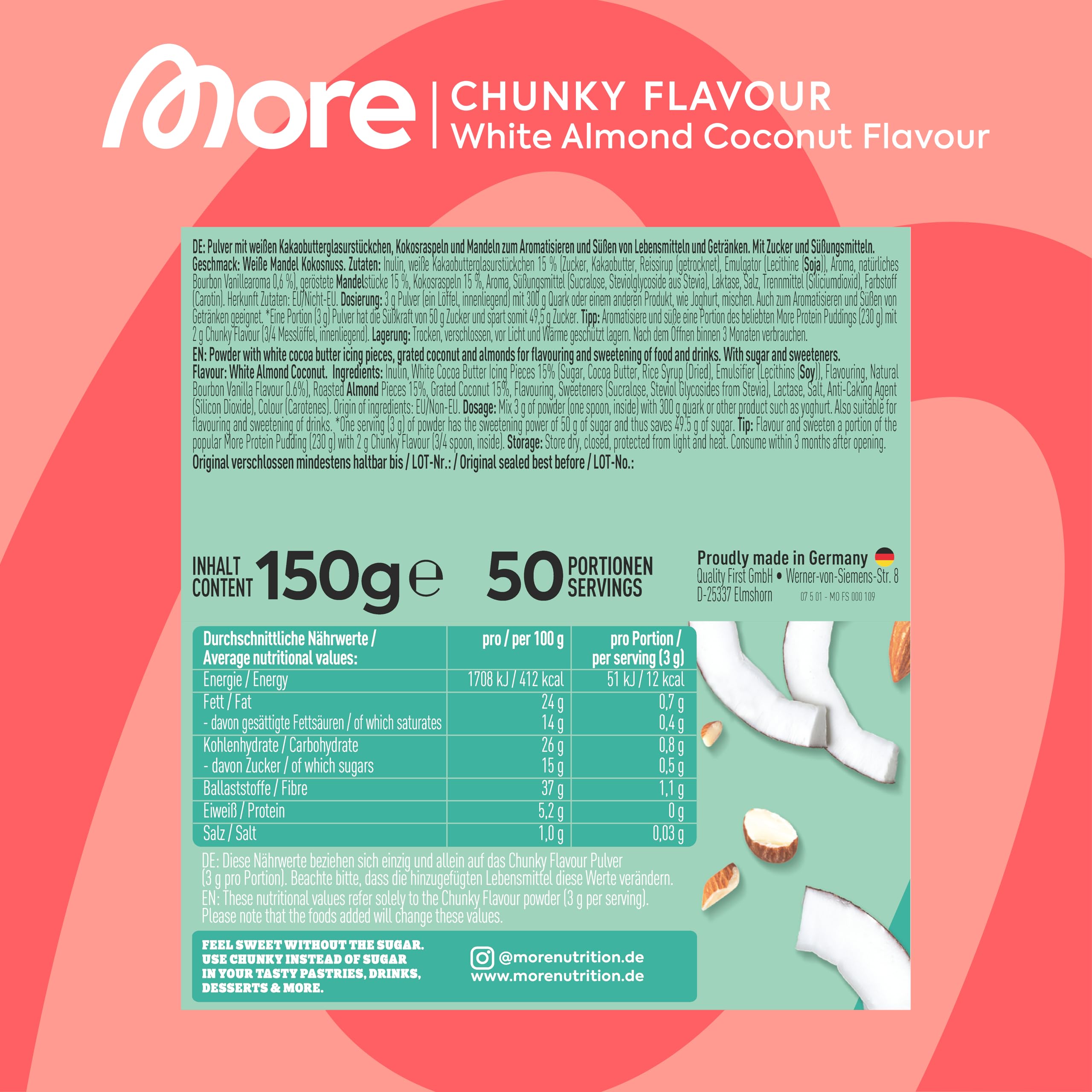 MORE Chunky Flavour, Vanilla Perfection, 150 g, vegan, Geschmackspulver zum Süßen, ohne viel Zucker und Kalorien, mit Inulin und Laktase - made in Germany