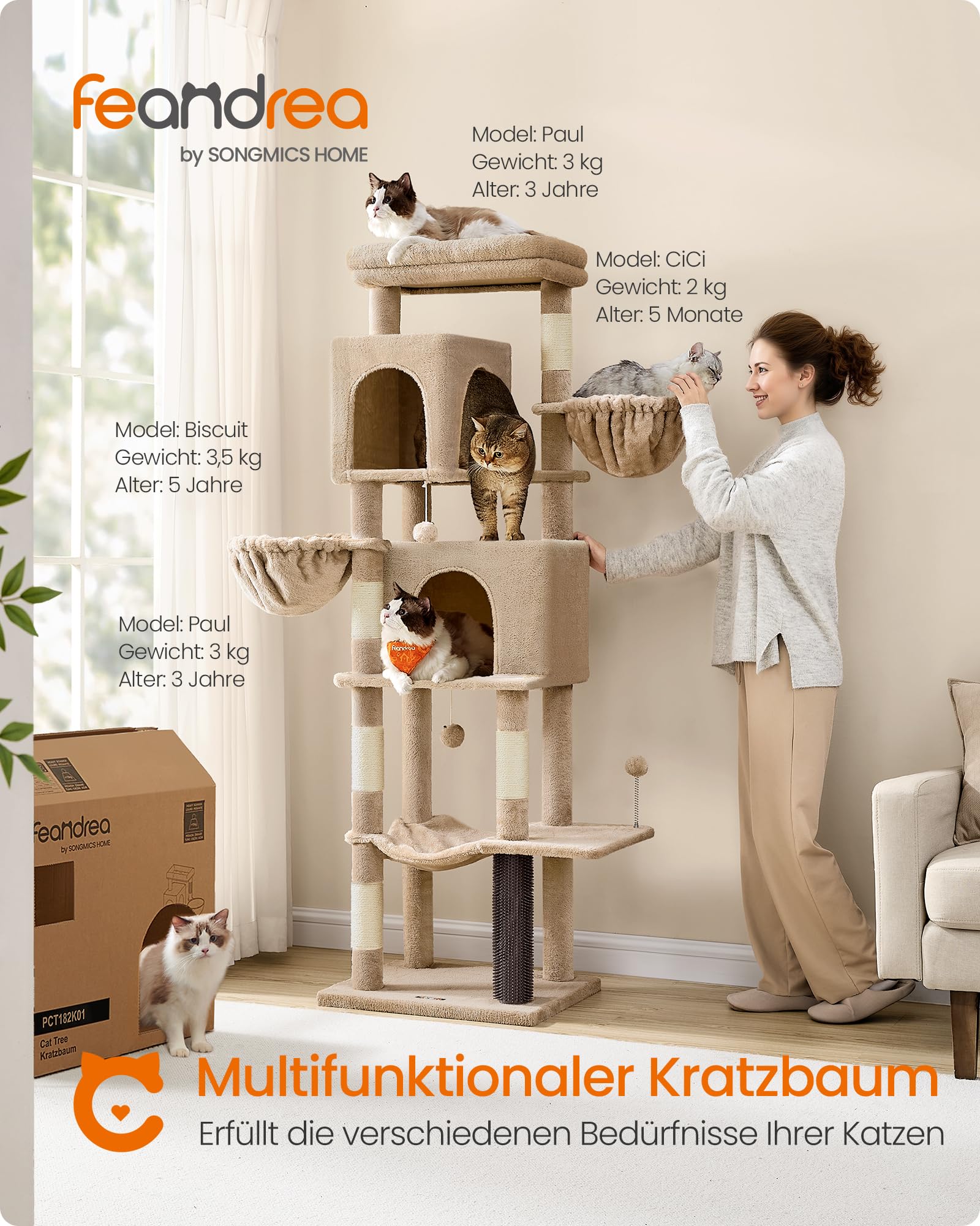 Feandrea Kratzbaum, 175 cm hoch, XL, mehrstöckiger Katzenbaum mit 2 Höhlen, 2 Liegemulden, 5 Kratzsäulen, Katzenbürste, große Plattform, Taubengrau PCT182G01