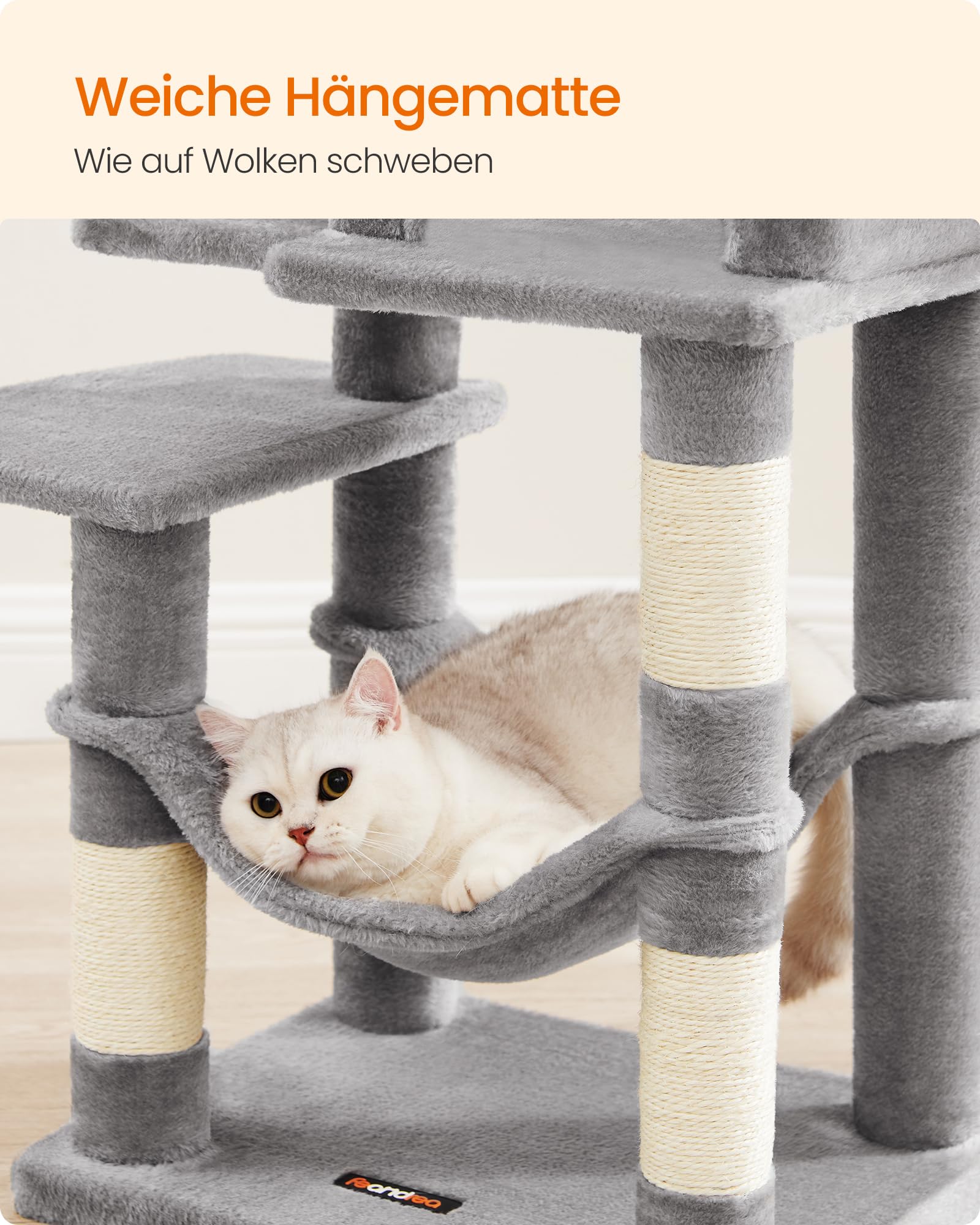 Feandrea Kratzbaum, 143 cm hoch, Katzenbaum, mehrstöckiges Katzenhaus, mit 4 Kratzsäulen, 2 Plattformen, Hängematte, Höhle, hellgrau PCT161W01