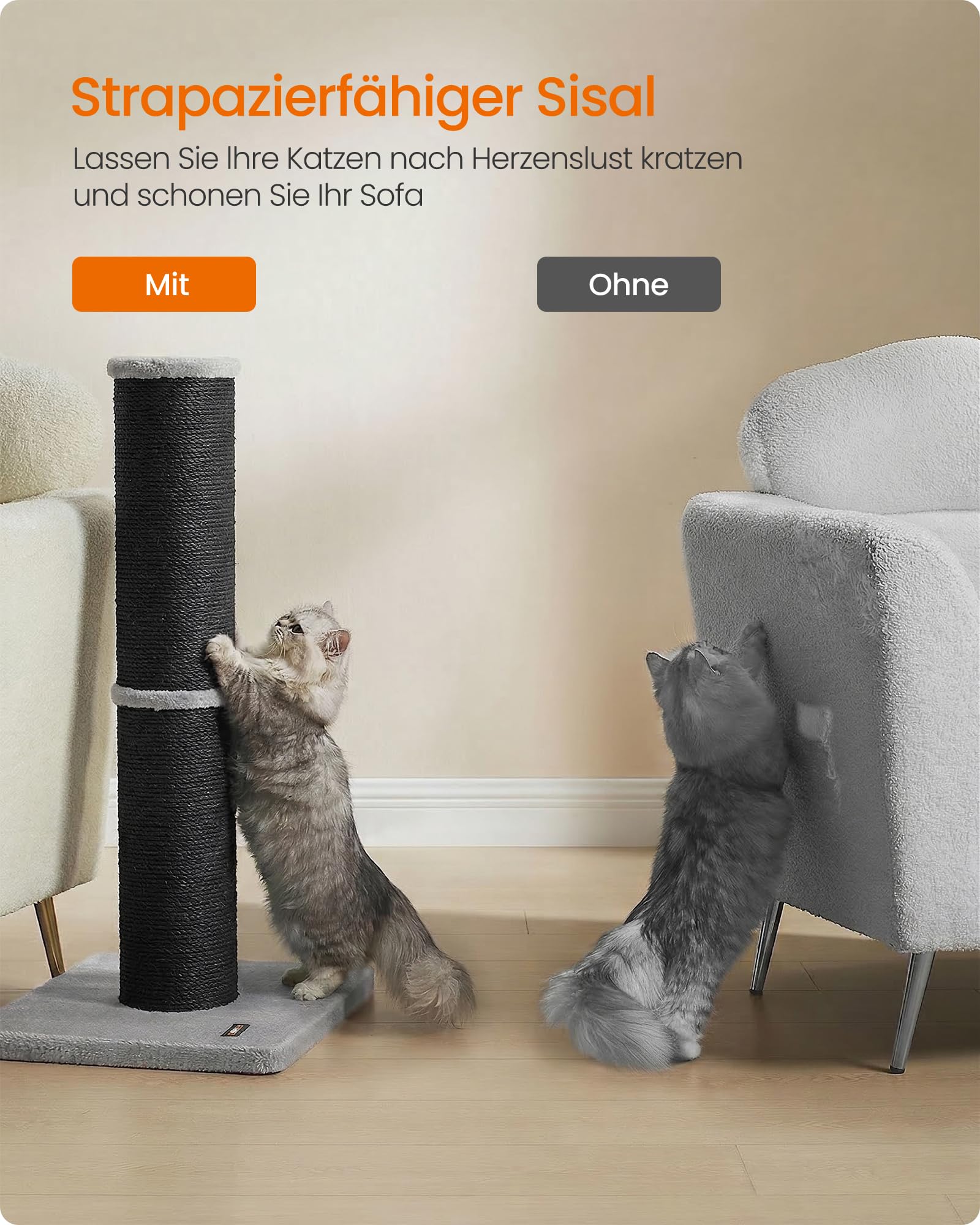 Feandrea Kratzbaum, 85 cm hoch, Kratzsäule XL, 13 cm Dicker Stamm, Katzenbaum, Kratzstamm für mittelgroße und große Katzen, Sisalstamm, mit Plüschball und Glocke, Taubengrau PCA041G01