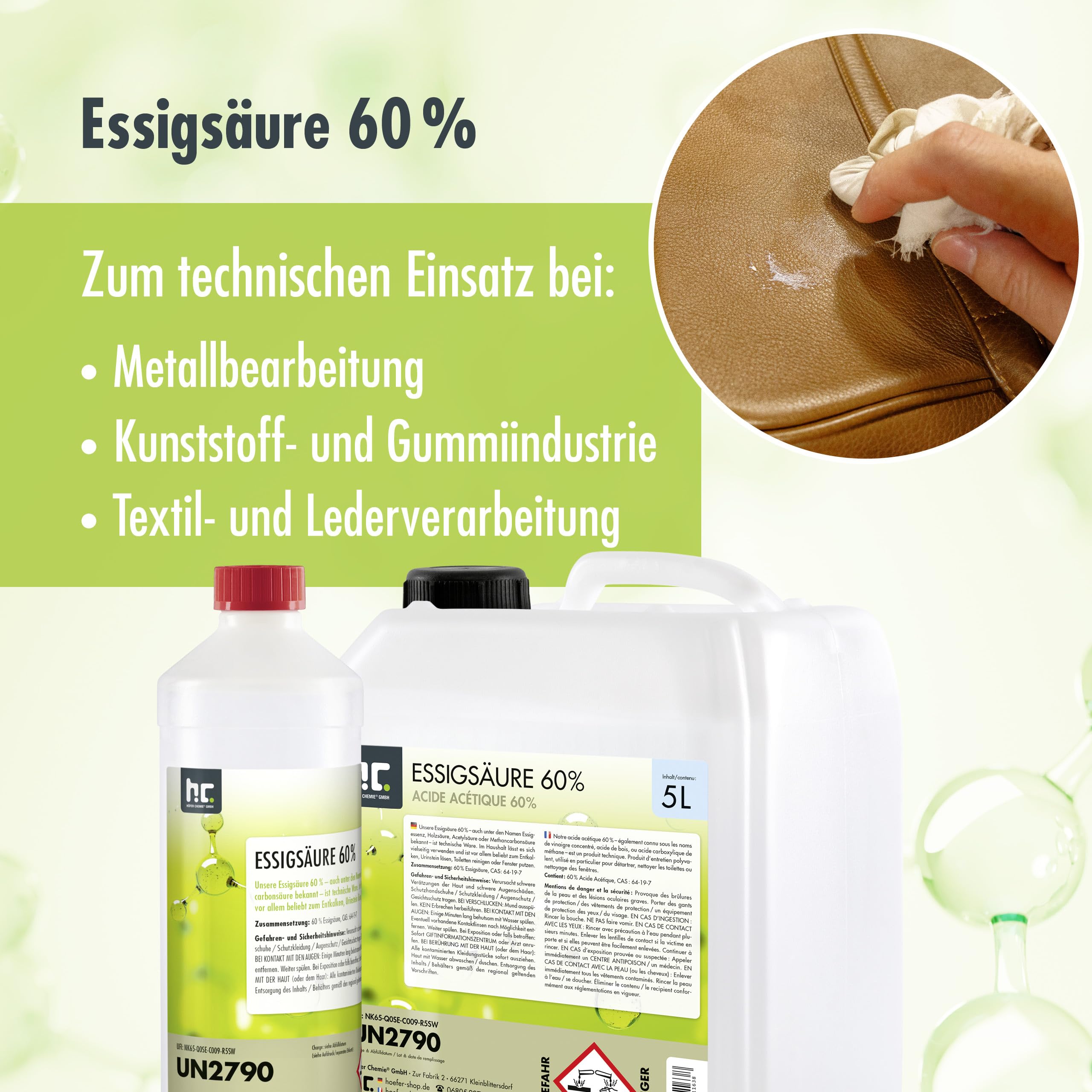 Höfer Chemie 2 x 10 L Essigsäure 60% - optimaler Reiniger und Entkalker - Premium Qualität Made in Germany - frisch abgefüllt im handlichen Kanister