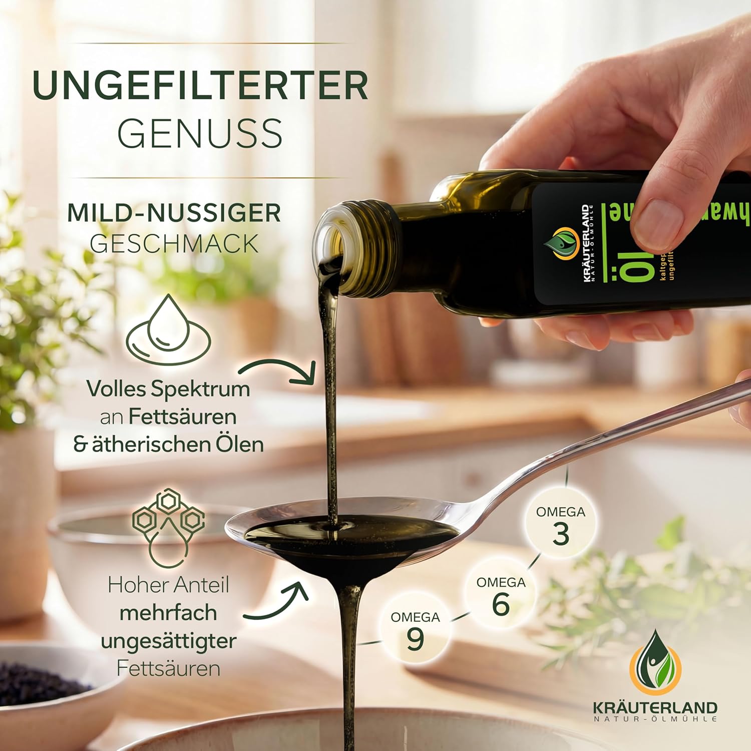 Kräuterland Schwarzkümmelöl 4X250ml (1000ml), ungefiltert, Omega 3-6-9, naturrein ohne Zusatzstoffe, hoher Thymoquinine, vegan, mild, kaltgepresst, mühlenfrisch aus unsrer hessischen Ölmühle