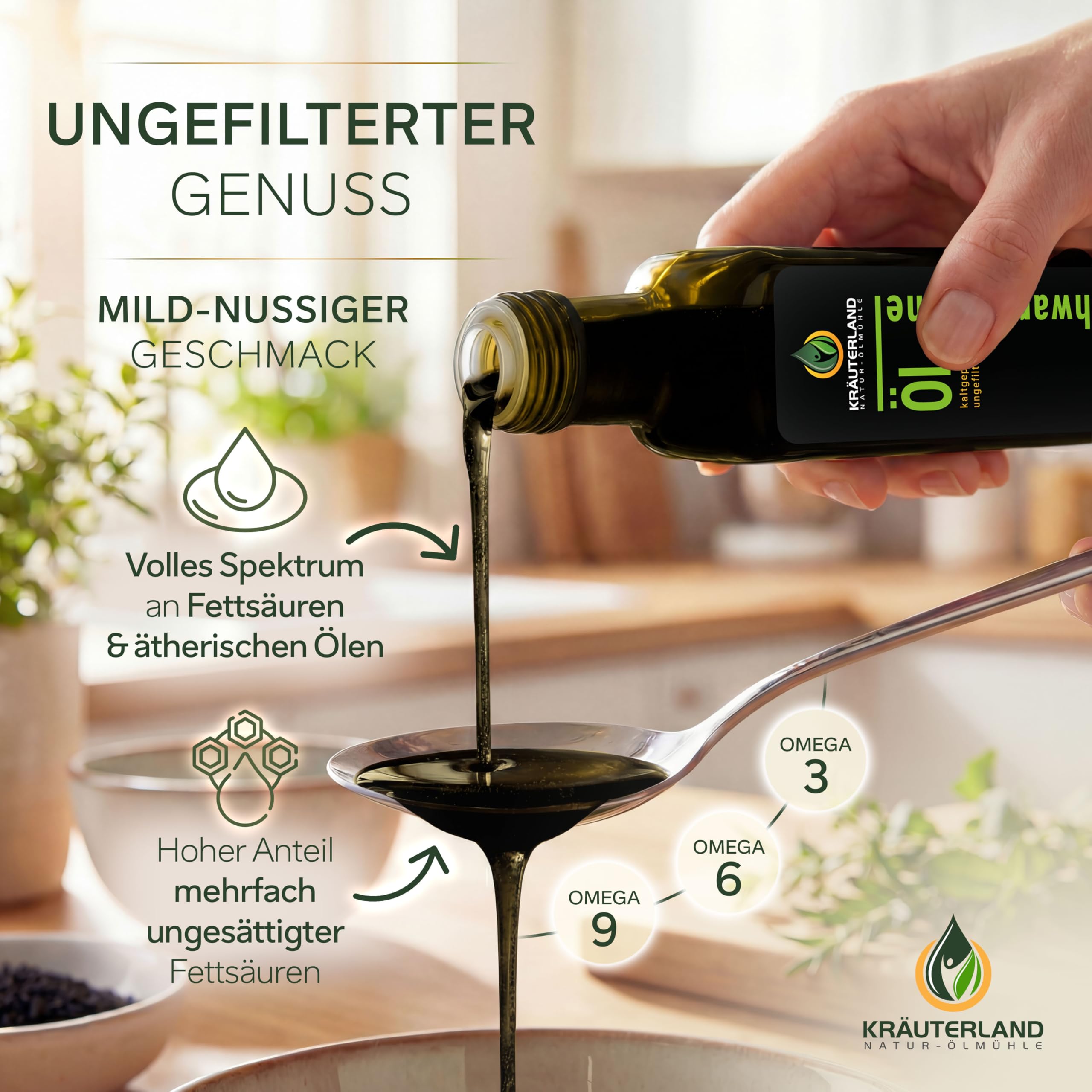 Kräuterland Schwarzkümmelöl 500ml, kaltgepresst & ungefiltert, hoher Thymochinon‑Anteil, ägyptische Samen, mühlenfrisch, 100 % Nigella sativa, naturrein ohne Zusatzstoffe, lichtgeschützten Glas