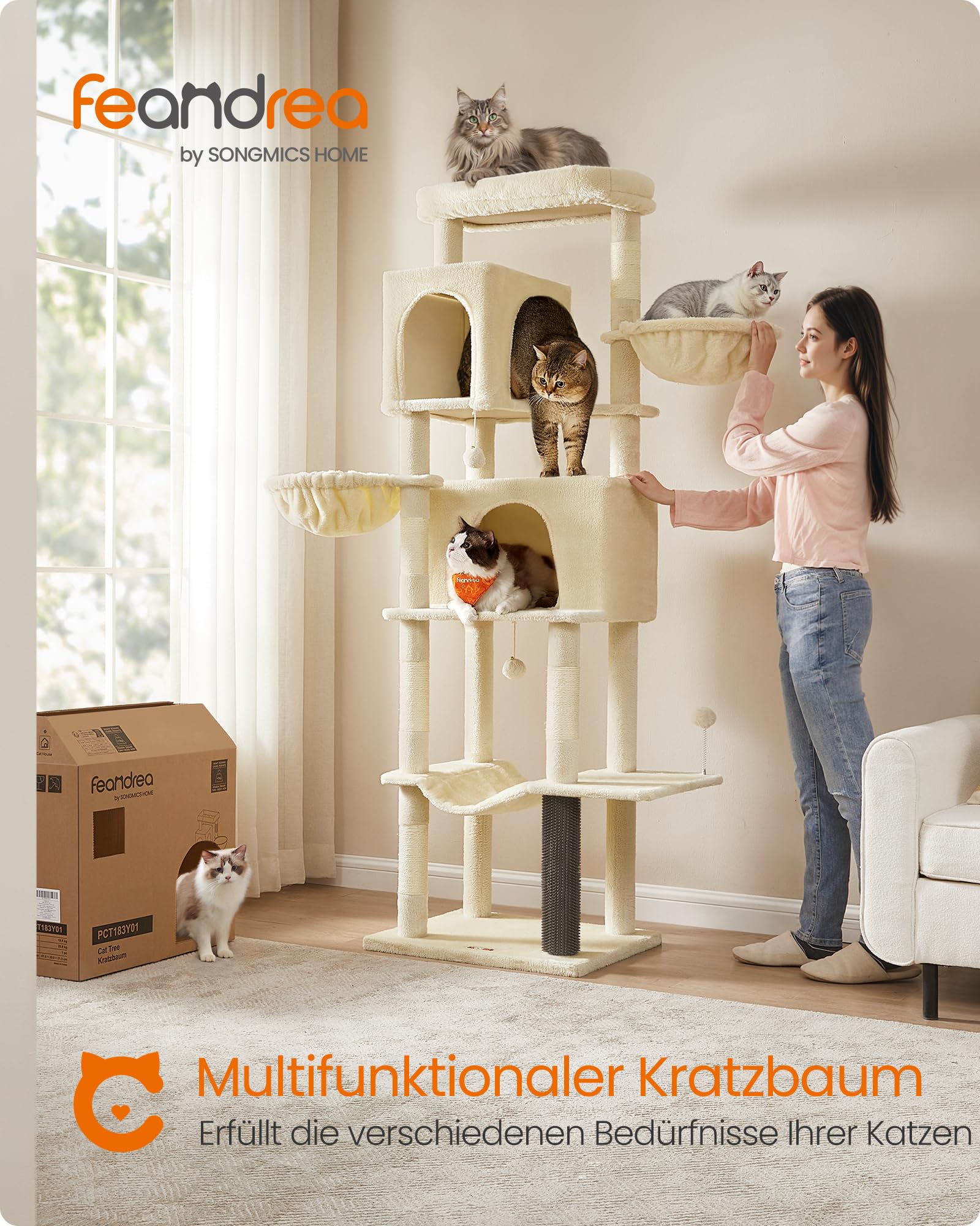 Feandrea Kratzbaum, 175 cm hoch, XL, mehrstöckiger Katzenbaum mit 2 Höhlen, 2 Liegemulden, 5 Kratzsäulen, Katzenbürste, große Plattform, Taubengrau PCT182G01
