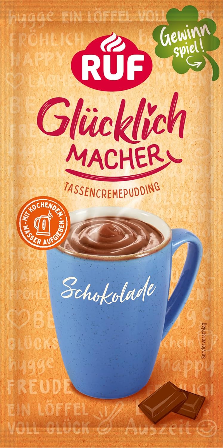 RUF Glücklichmacher Tassenpudding Schokolade, Cremepudding für schnelle Desserts, Tassencremepudding, nur Wasser hinzufügen, 1 x 59g Beutel