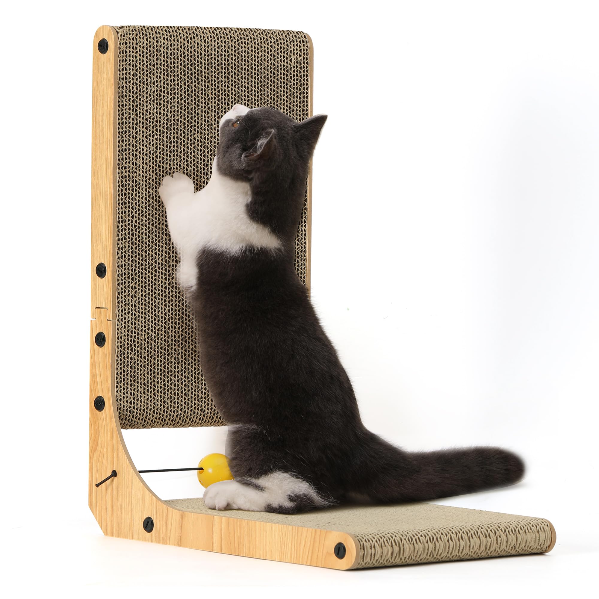 FUKUMARU Kratzbrett Katzen, 68 cm hohe L förmige Kratzpappe für Katzen, widerstandsfähig Katzenkratzbrett mit Ballspielzeug, Kratzmöbel aus hochwertiger Karton für Wand und Ecke, Groß