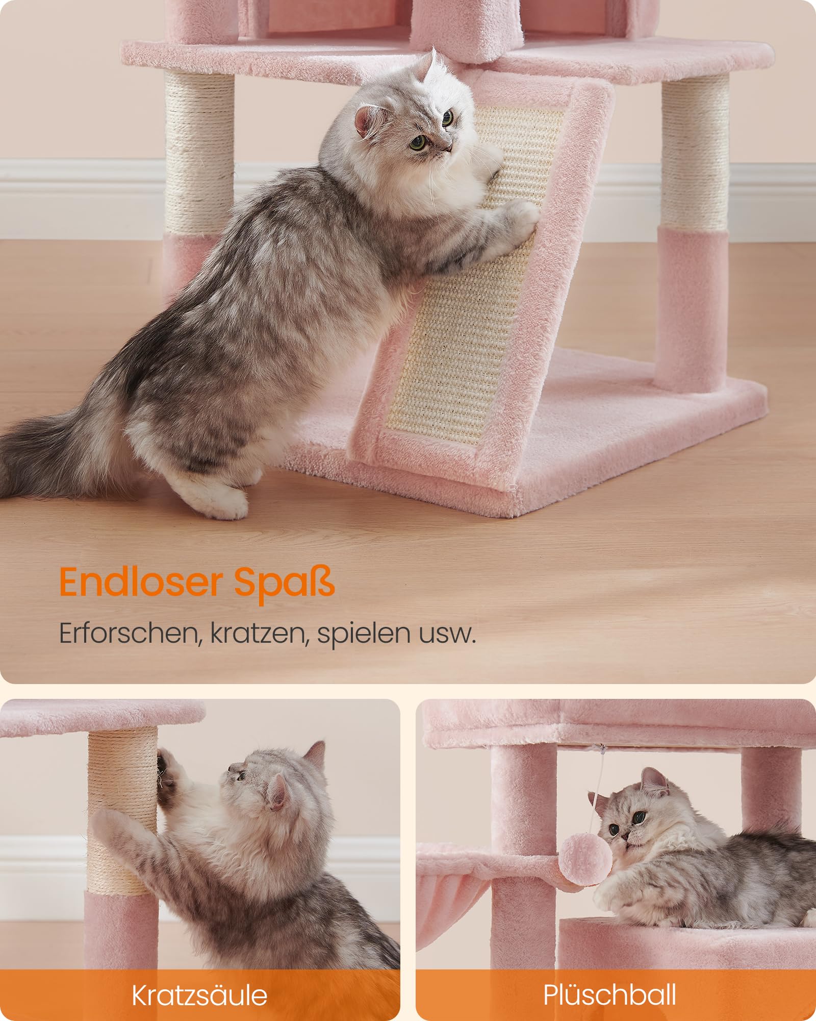 Feandrea Kratzbaum, 96 cm hoch, Katzenbaum mit großer Plattform, Katzenkratzbaum mit Katzenhöhle, Hängematte, Kratzrampe, Plüschball, weicher Plüsch, hellgrau PCT51W