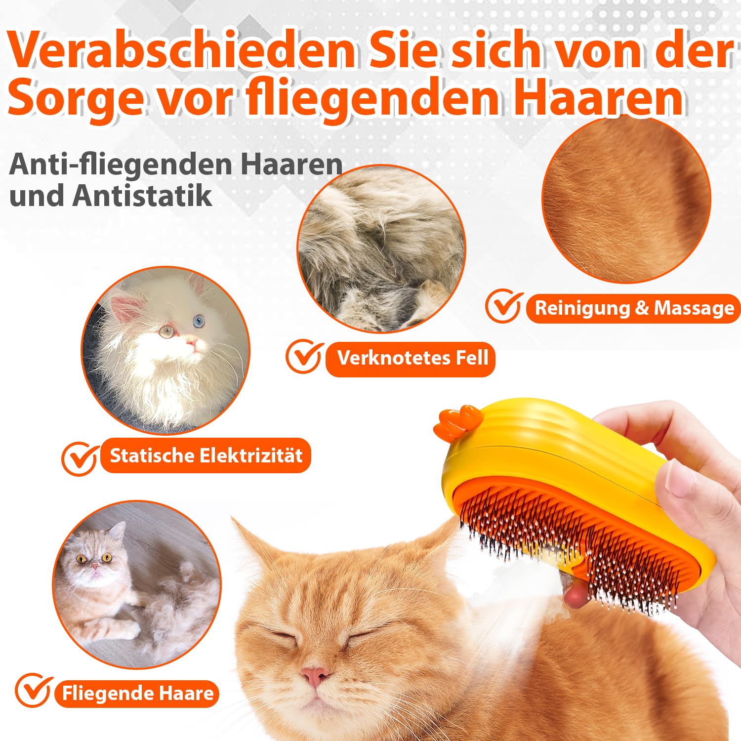 Katzenbürste mit Dampf & Auslöseknopf, Wiederaufladbar Dampfbürste von Katze Hunde, Spray Haustierhaar Bürste, Massage Steamer Kamm für Langhaar und Kurzhaar zum Entfernen Losem Fell und Schmutz