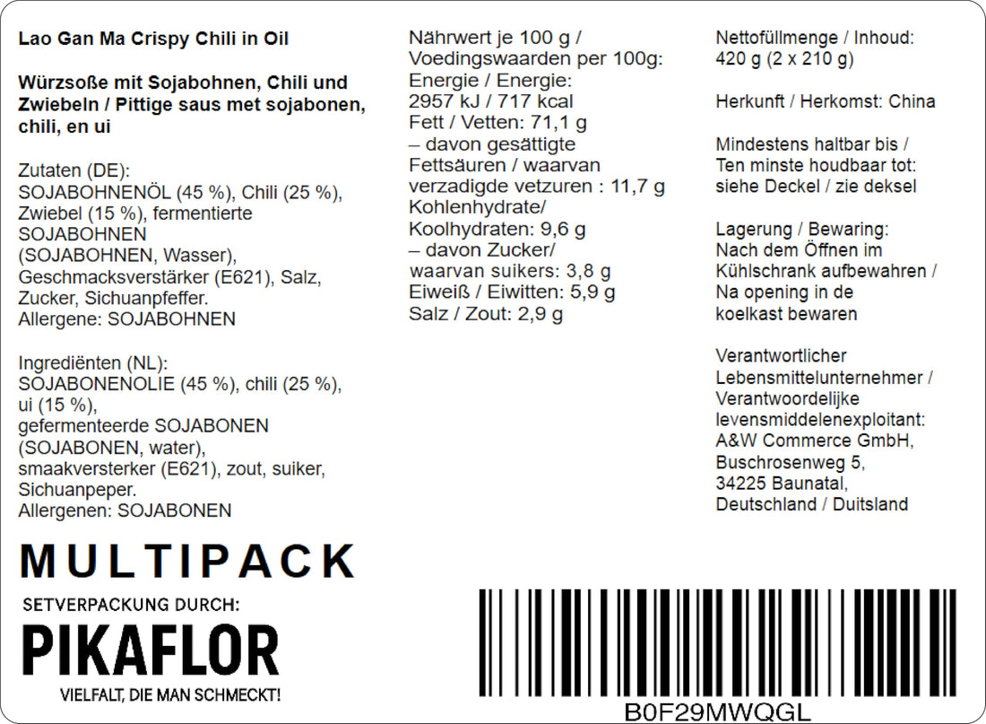 Lao Gan Ma Crispy Chili in Oil 2er Set (2x210g) - Knusprige Chilis in Öl – Doppelpack zusammengestellt durch Pikaflor