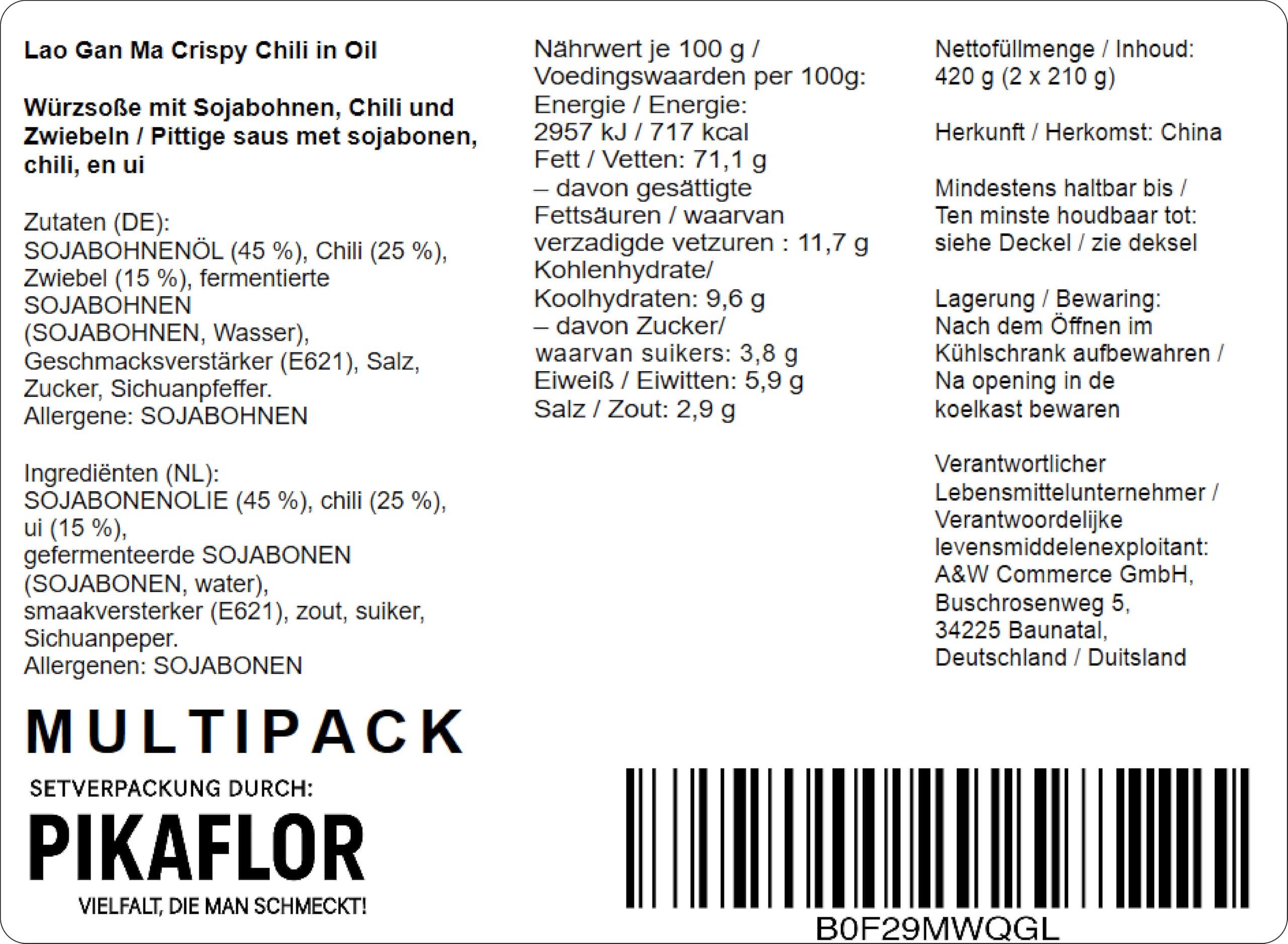 Lao Gan Ma Crispy Chili in Oil 2er Set (2x210g) - Knusprige Chilis in Öl – Doppelpack zusammengestellt durch Pikaflor