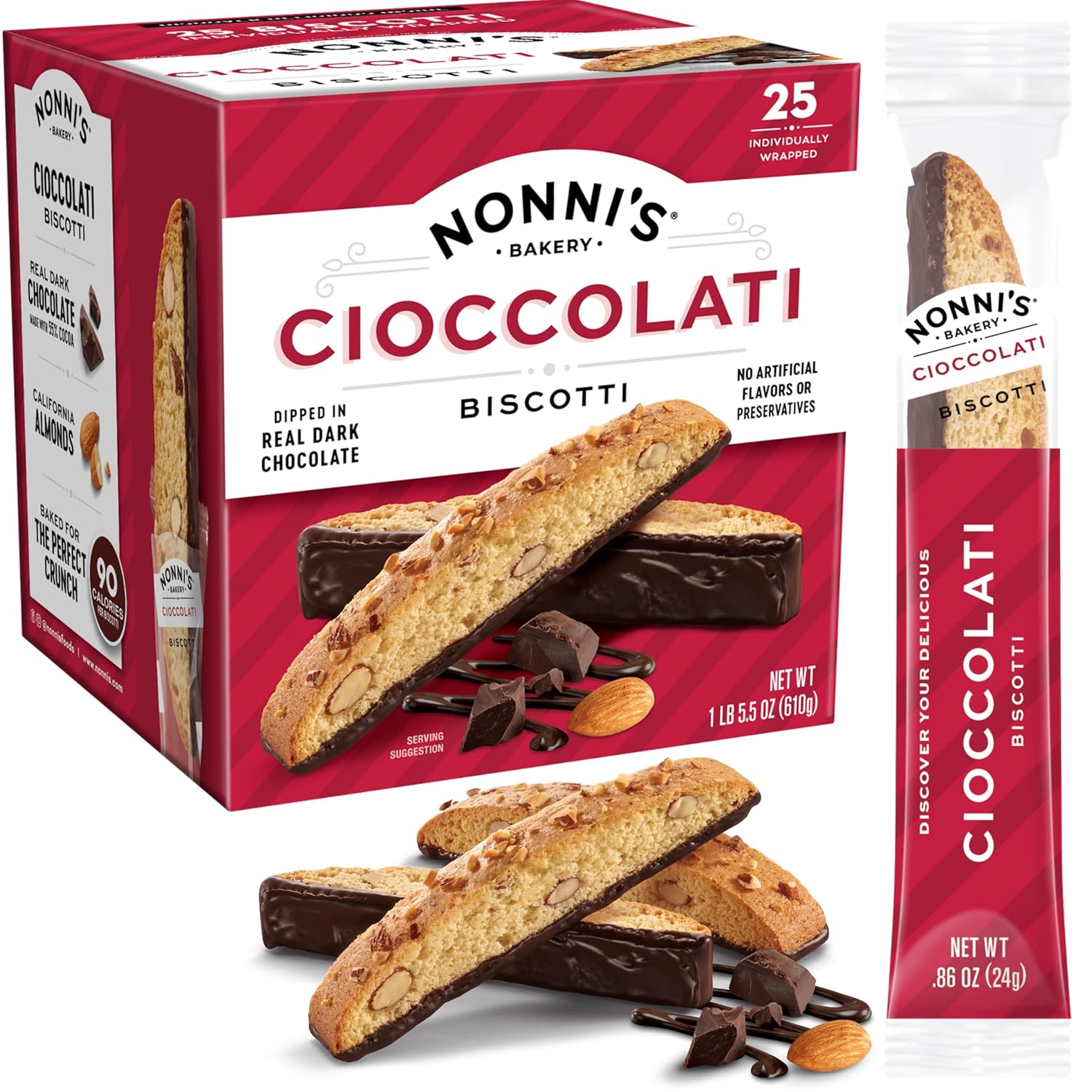 Nonni's Cioccolati Dark Chocolate Almond Biscotti Cookies – Individually Wrapped Italian Coffee Snack, Crunchy Twice-Baked, 21.5 oz Carton