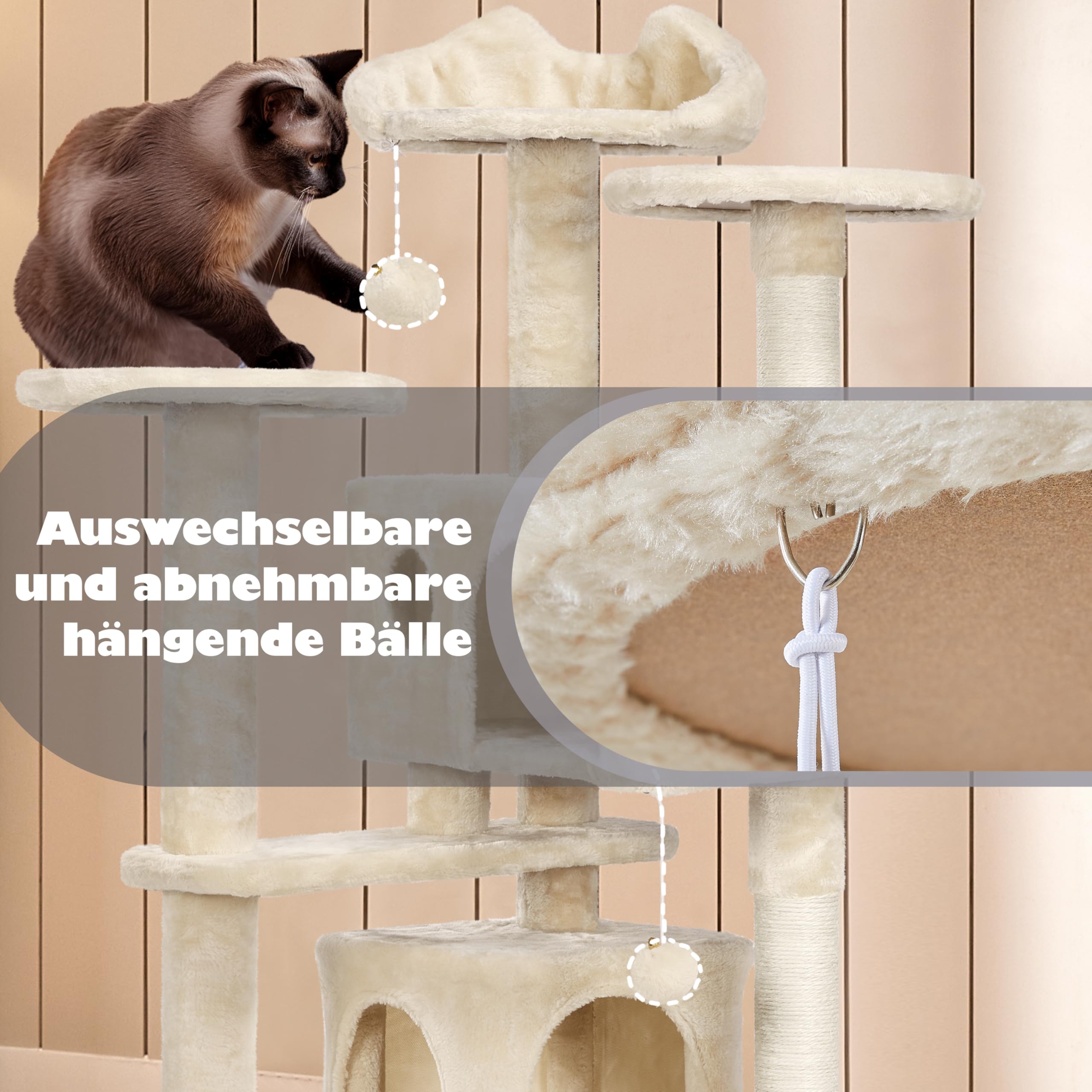 Yaheetech Kratzbaum Groß, 139 cm hoch, Mehrstöckiger Katzenbaum Kletterturm mit 3 Kratzsäulen, 3 Plattformen, 2 Gemütlichen Höhlen, 2 Plüschbällen, Stabiler Aktivitätsbereich für Katzen, Dunkelgrau