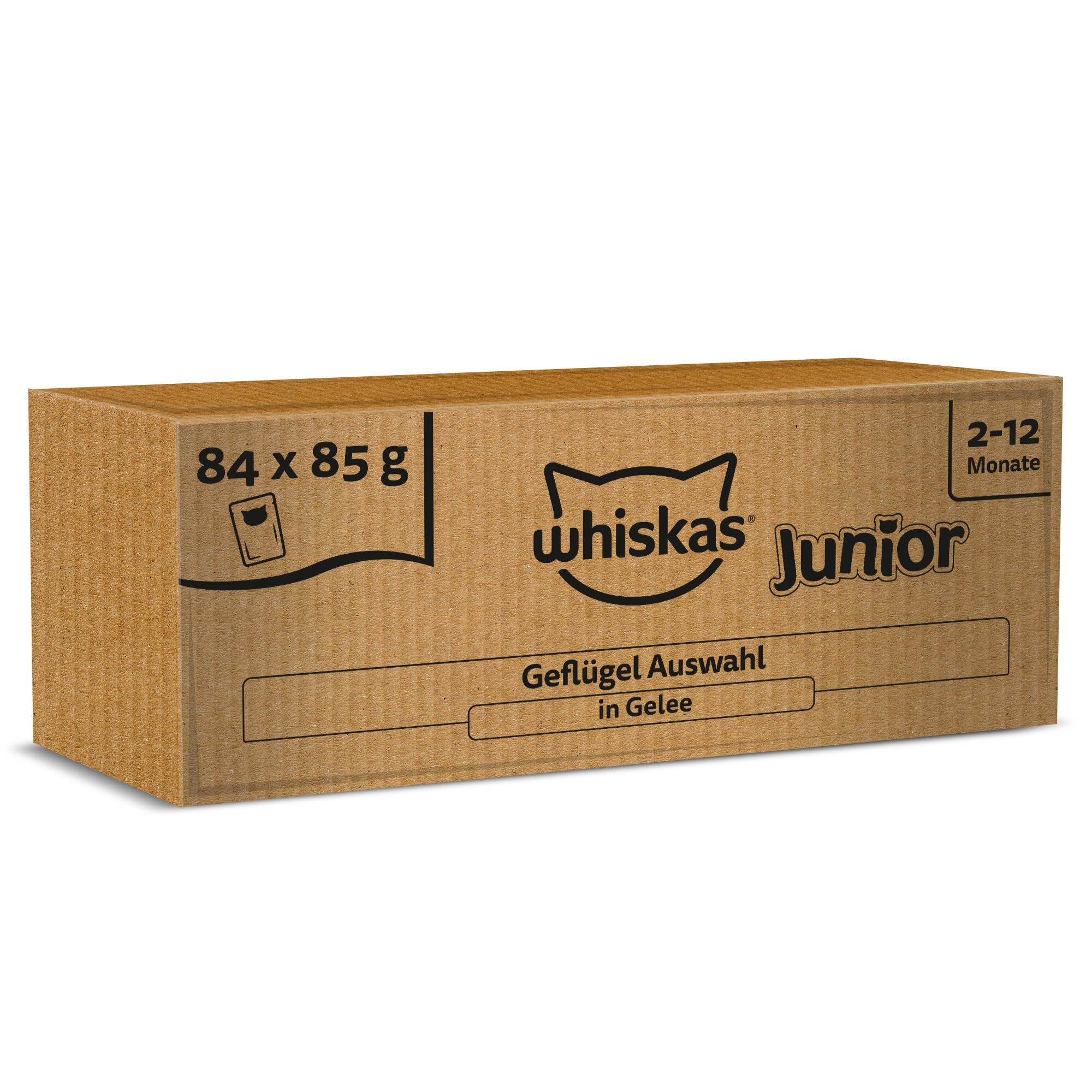 Whiskas Junior Katzennassfutter Klassische Auswahl in Sauce, 48 Portionsbeutel, 12x85g (4er Pack) – Hochwertiges Katzenfutter nass, für heranwachsende Katzen von 2 bis 12 Monaten