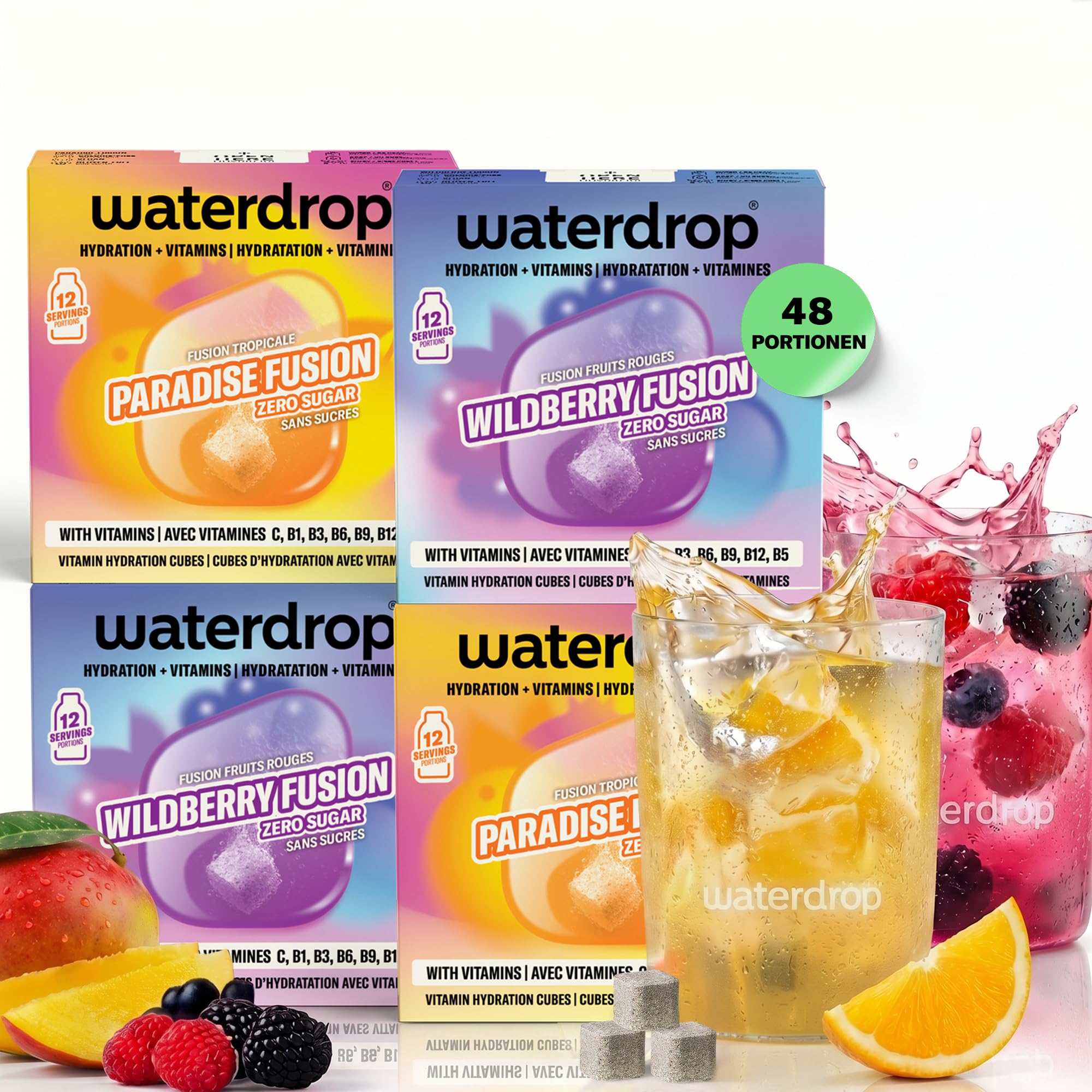 waterdrop® Beeren & Früchte Set – 48 Waterdrop Würfel in 4 verschiedenen Sorten – Zuckerfreier Durstlöscher & Alternative zu Getränkesirup und Geschmackspulver – Flavour Drops im Wasser auflösen