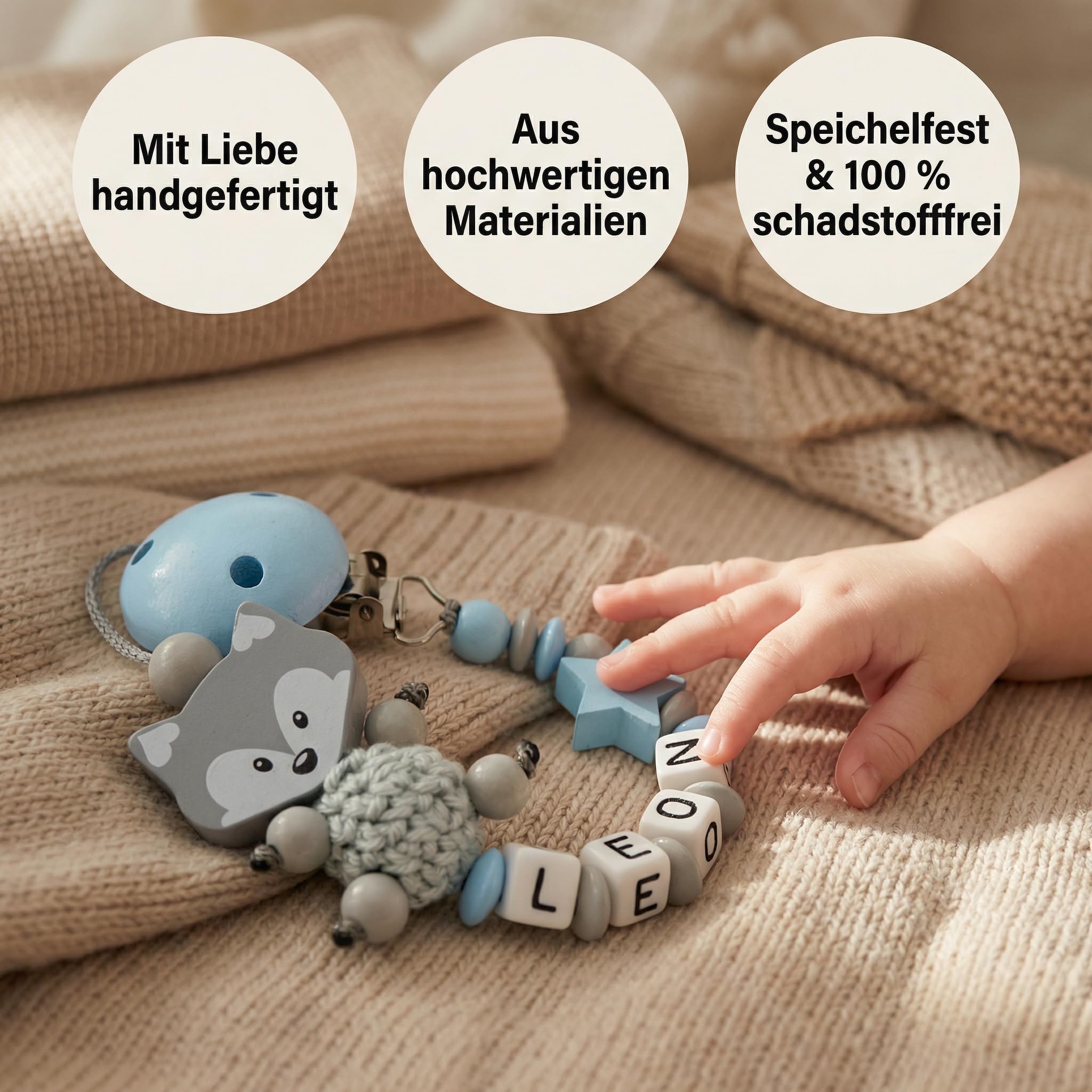 Schnullerband mit Namen für Mädchen & Jungen personalisierte Baby Geschenke (Blau)