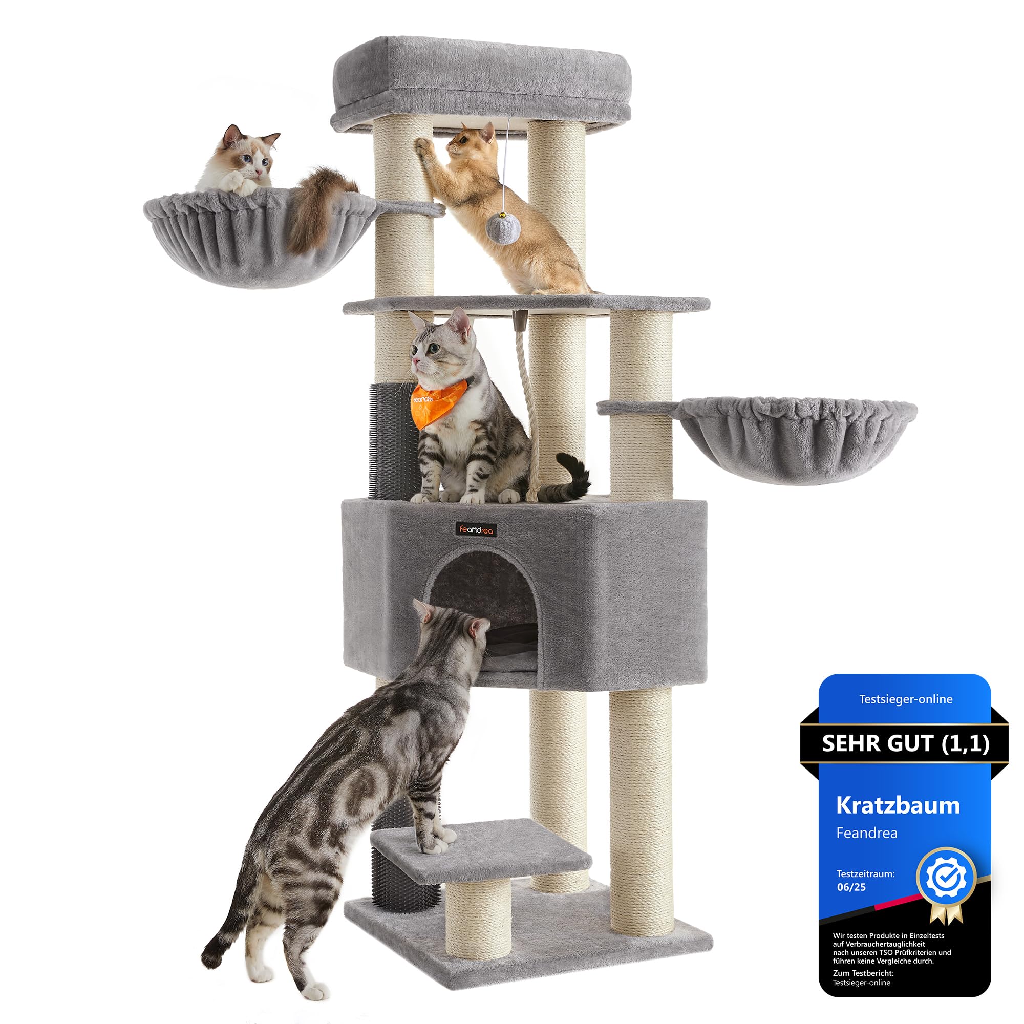 Feandrea Kratzbaum, mit warmen Decken, für große Katze, Katzenbaum, 2 Katzenbürsten, 11,1 cm d Dicke Stämme, große Plattformen, Höhle, 50 x 50 x 160 cm, Taubengrau-schwarz PCT003W01