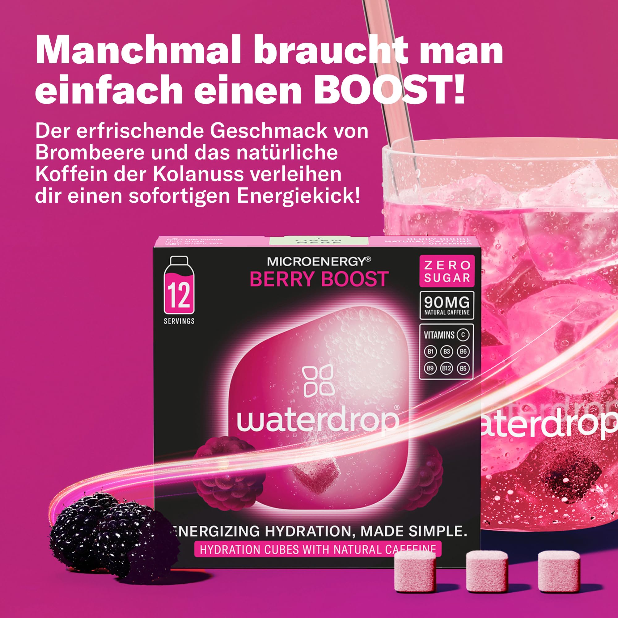 waterdrop® Microenergy Set, Energy Drink Pulver, 36 Würfel Getränkepulver, Mango, Kirsche & Brombeere Geschmack, Zuckerfrei & Kalorienarm, Mit 90 mg Natürlichem Koffein, Vitamin C & B – Flavour Drops