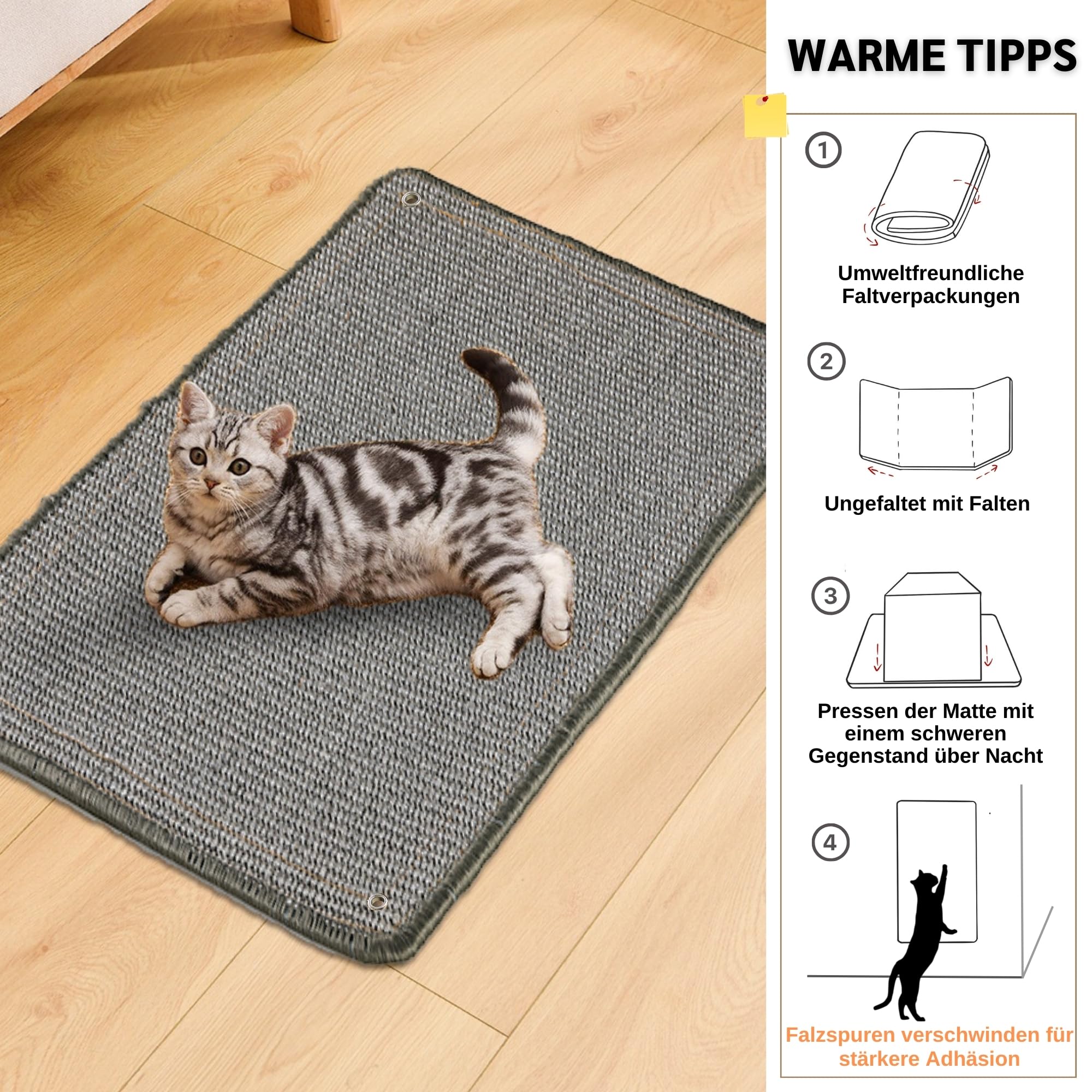 2 Stück Kratzmatte aus Sisal, Kratzmatte für Katzen, mit Klebeband, Katzenkratzmatte, Teppich zum Schutz der Wand, 60 × 25 cm (Braun)