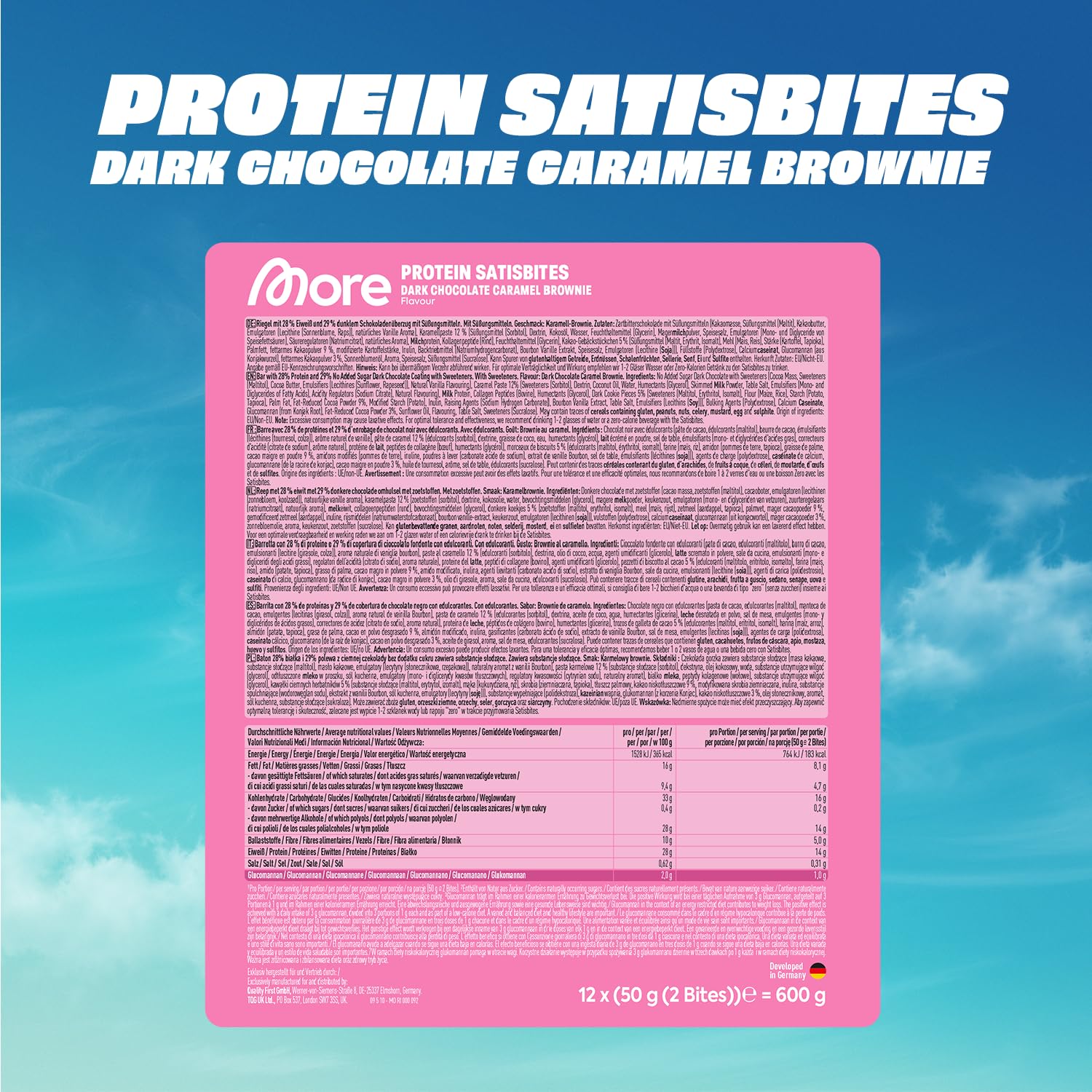 MORE Protein Satisbites, 12er Box Proteinriegel, 12 x 2 x 25 g, White Chocolate Strawberry Cream, bis zu 16 g Protein pro Portion, ohne Zuckerzusatz, made in Germany