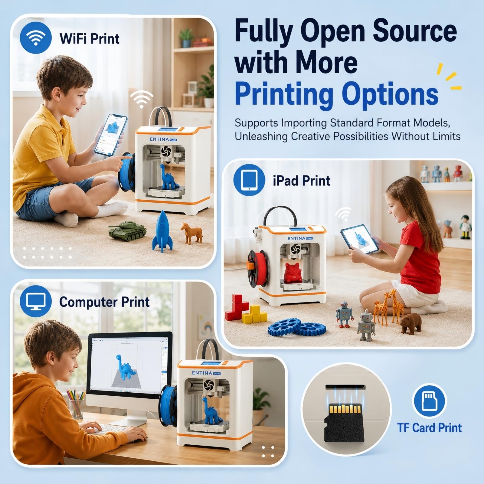 Entina Tina2C 3D Printer for Kids & Beginners, Fully Assembled Starter Mini 3D Printer, Start in 8 Mins, App & WiFi Control, Auto Leveling, 3000+ Model Library, 20+ Creative DIY Modules for STEM, Home