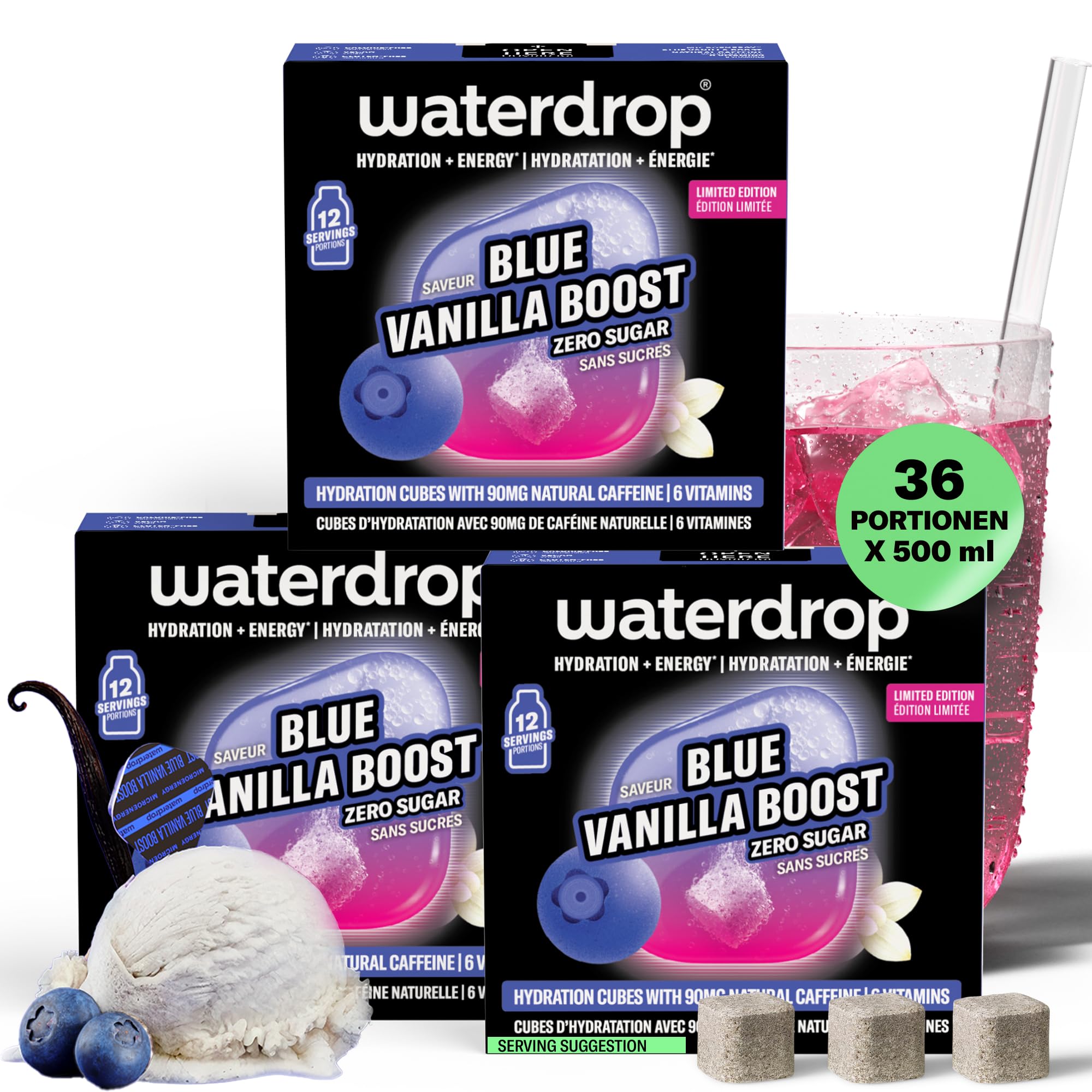 waterdrop® Microenergy Set, Energy Drink Pulver, 36 Würfel Getränkepulver, Mango, Kirsche & Brombeere Geschmack, Zuckerfrei & Kalorienarm, Mit 90 mg Natürlichem Koffein, Vitamin C & B – Flavour Drops
