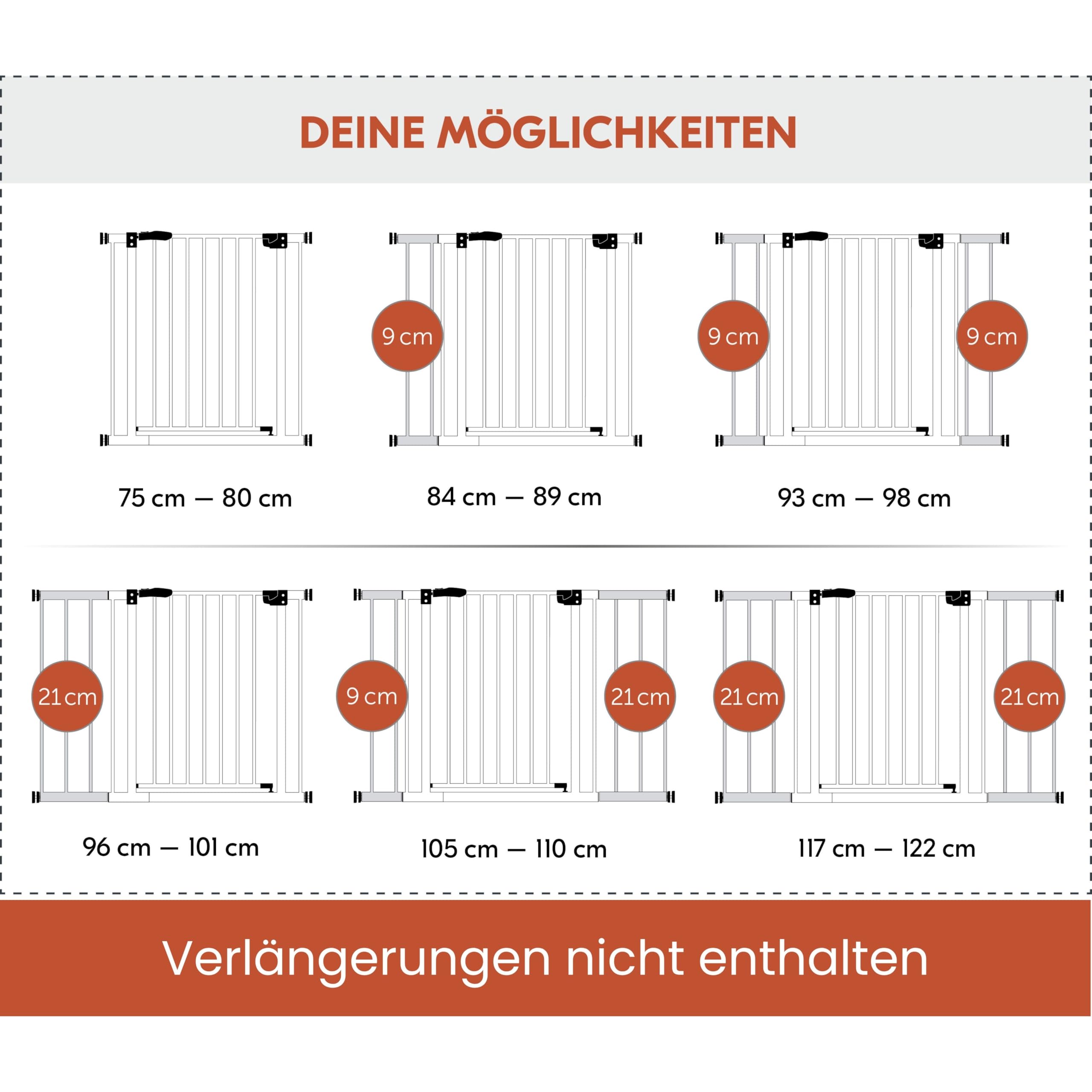 hauck Open N Stop 2 + 21 cm Verlängerung, Weiß - Kinderschutzgitter Hundegitter, Verstellbare Breite 96-101 cm, 77 cm Hoch, Beidseitige Einhand Öffnung, ohne Bohren, für Innen
