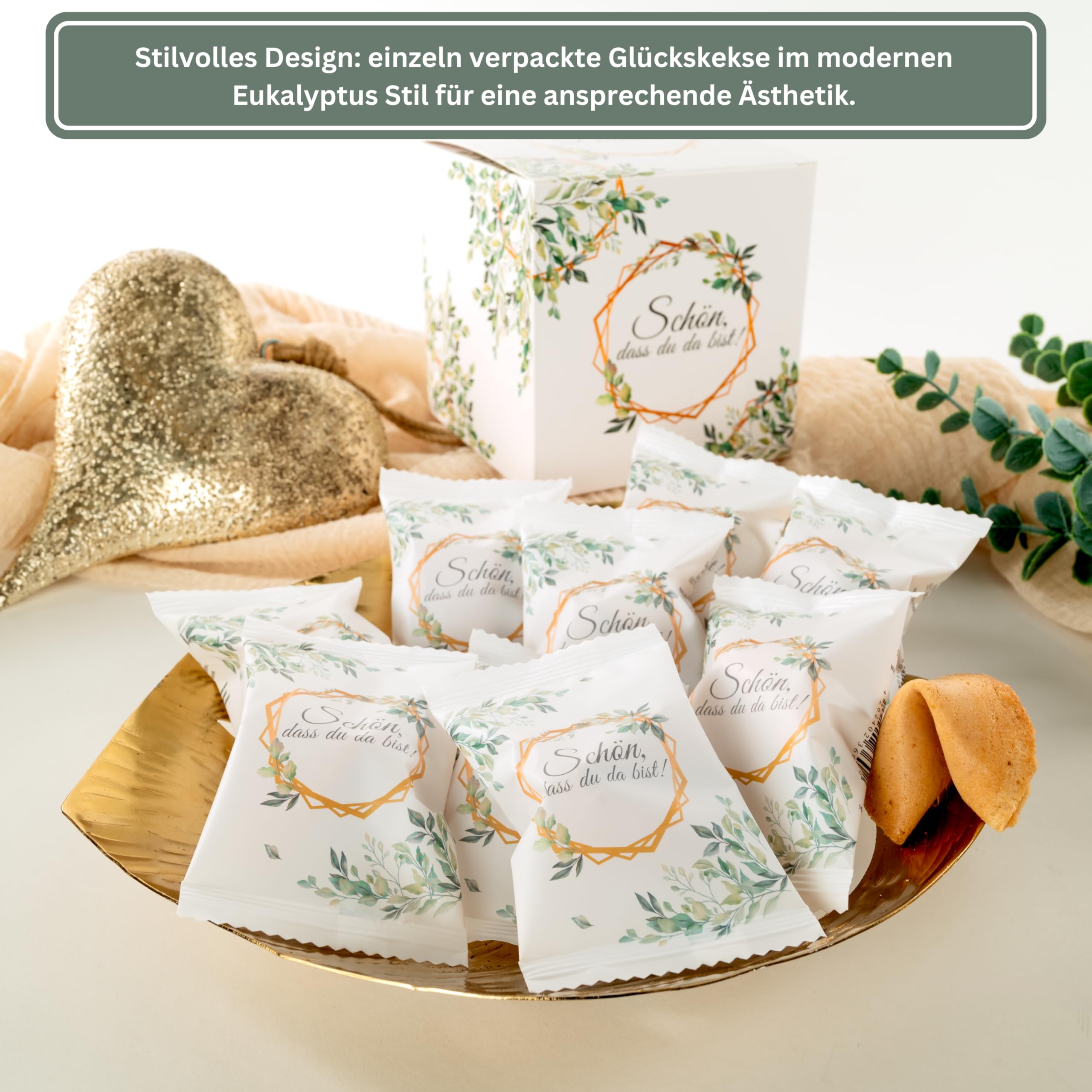 Lucky Treats Glückskekse - 25 Stück - Schön, dass du da bist - Gastgeschenke Hochzeit Deko - Sprüche auf Deutsch & Englisch - regional hergestellt