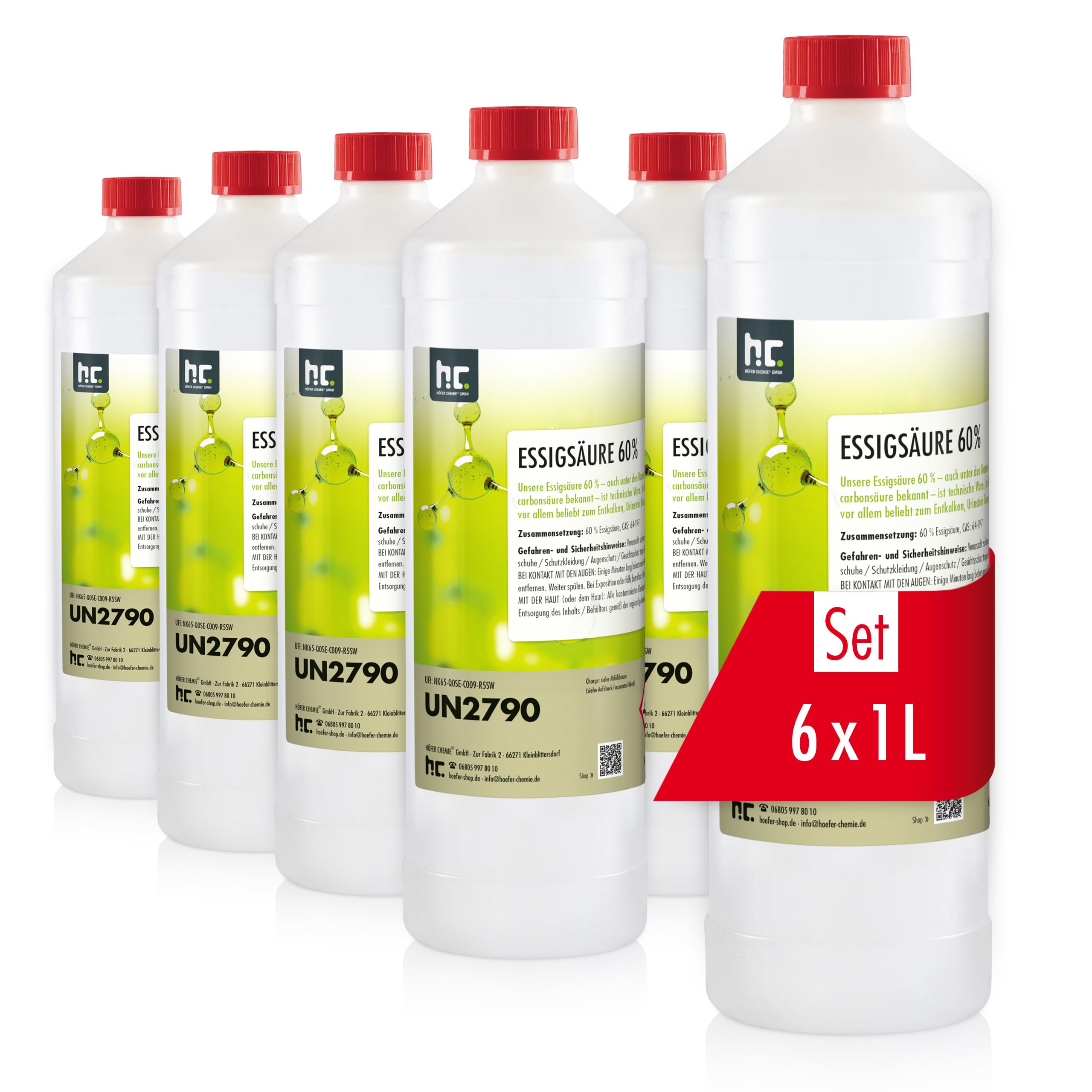 Höfer Chemie 2 x 10 L Essigsäure 60% - optimaler Reiniger und Entkalker - Premium Qualität Made in Germany - frisch abgefüllt im handlichen Kanister