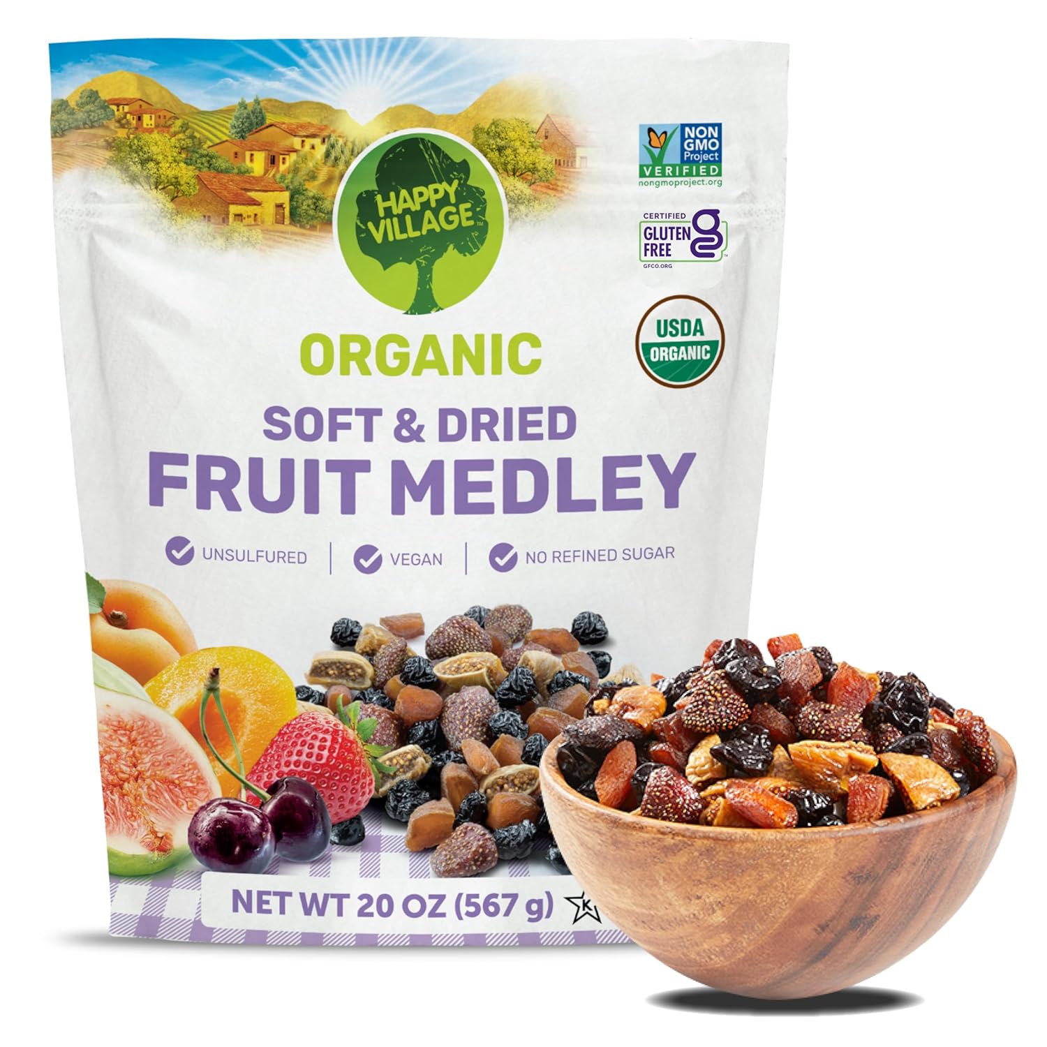 Happy Village Organic Whole Dried Strawberries, 18 OZ Resealable Pack - Soft & Juicy, Kosher, Non-GMO, No Refined Sugar, Apple Juice Infused Dried Strawberry